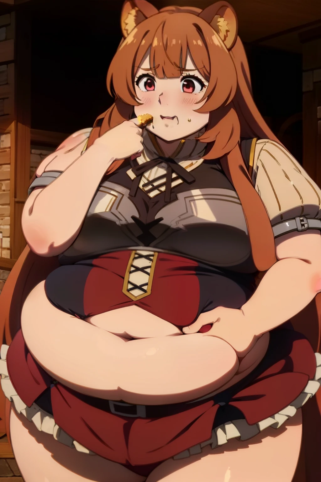 Raphtalia fat, force feed, obese, fat, round, rotund, full mouth, food in the hands, grab belly, overeating, stuffed raccoon, burp, no selfcontrol, scared, red suit