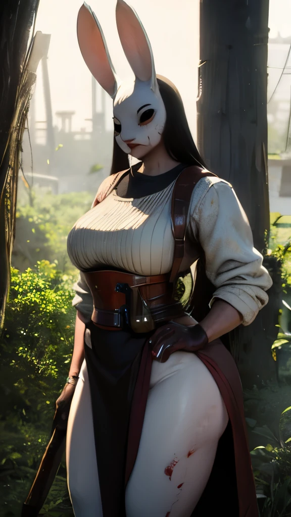 a woman, white skin, muscular, medium-cut hair, black hair, white blouse stained with blood, gray sweatpants, coat tied around her waist, has a big butt, brown eyes, has wide hips, thicker thighs, red lips , wears a plastic mask on his face with a rabbit face, holding an ax in his hands