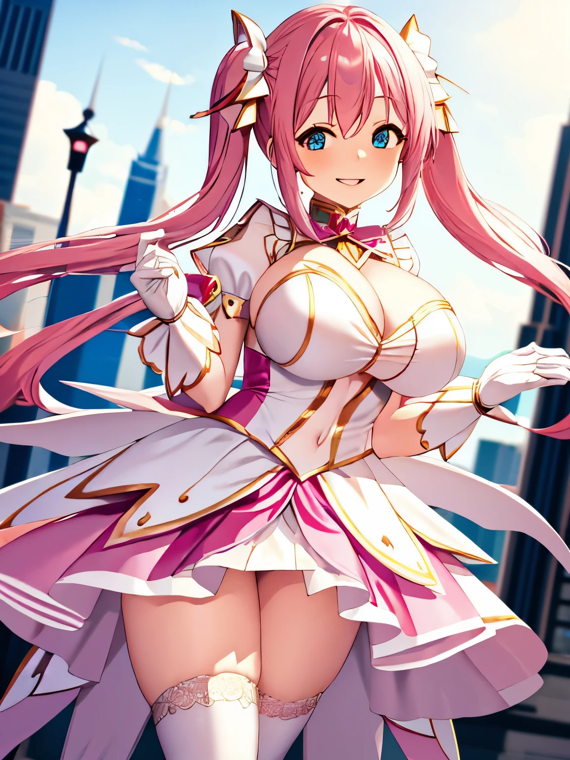 high quality，masterpiece。Cute magical girl with very long pink hair，Her hairstyle is long twin tails。She stands upright with her face and body facing the viewer，true identity。her hands are empty，Do not pose your hands。she looks tall，Her breasts are huge and very big，Good style，She has the perfect proportions for a woman。she is smiling with a cute face，Both eye colors are blue。Her outfit is a neat magical girl costume.，Clothing that does not expose much of the chest，the costume covers the chest，magical girl costume costume，Costumes with fancy designs such as ribbons and frills，The costume has a color scheme using white and pink.，Skirt is a mini skirt，Long white gloves on both hands，Long white socks on both legs。she is standing，The place you are standing is in the city。