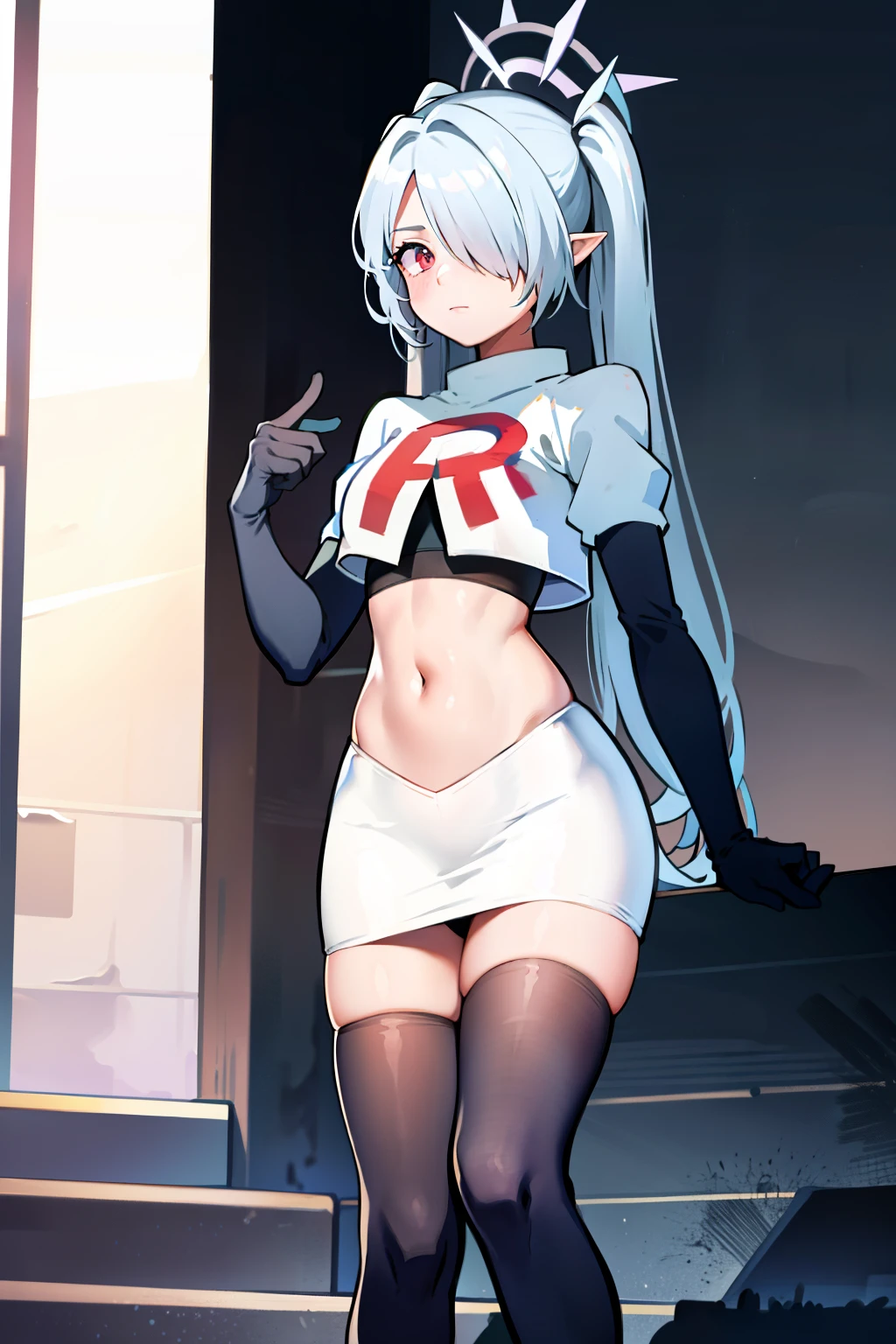 (masterpiece), 1girl, hair over one eye,magical world, shiny steps, beautiful sky, stars, jupiter, ioridef, team rocket,team rocket uniform, red letter R, white skirt,white crop top,black thigh-highs, black elbow gloves