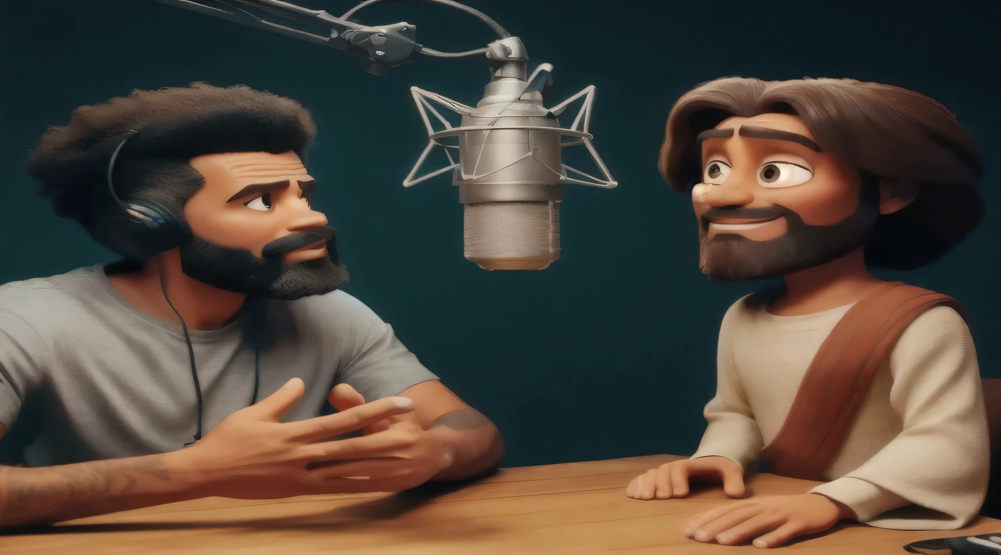 homem e mulher arafiados sentados em uma mesa com um microfone, ainda animado, gigachad jesus, José and José, filme animado, Jesus preto, Nicodemos, filme animado still, listening to pious music, Arte Promocional, conversando calmamente 8k, animated episode yet, em argila, animation still, promo image, foto comercial de brinquedo