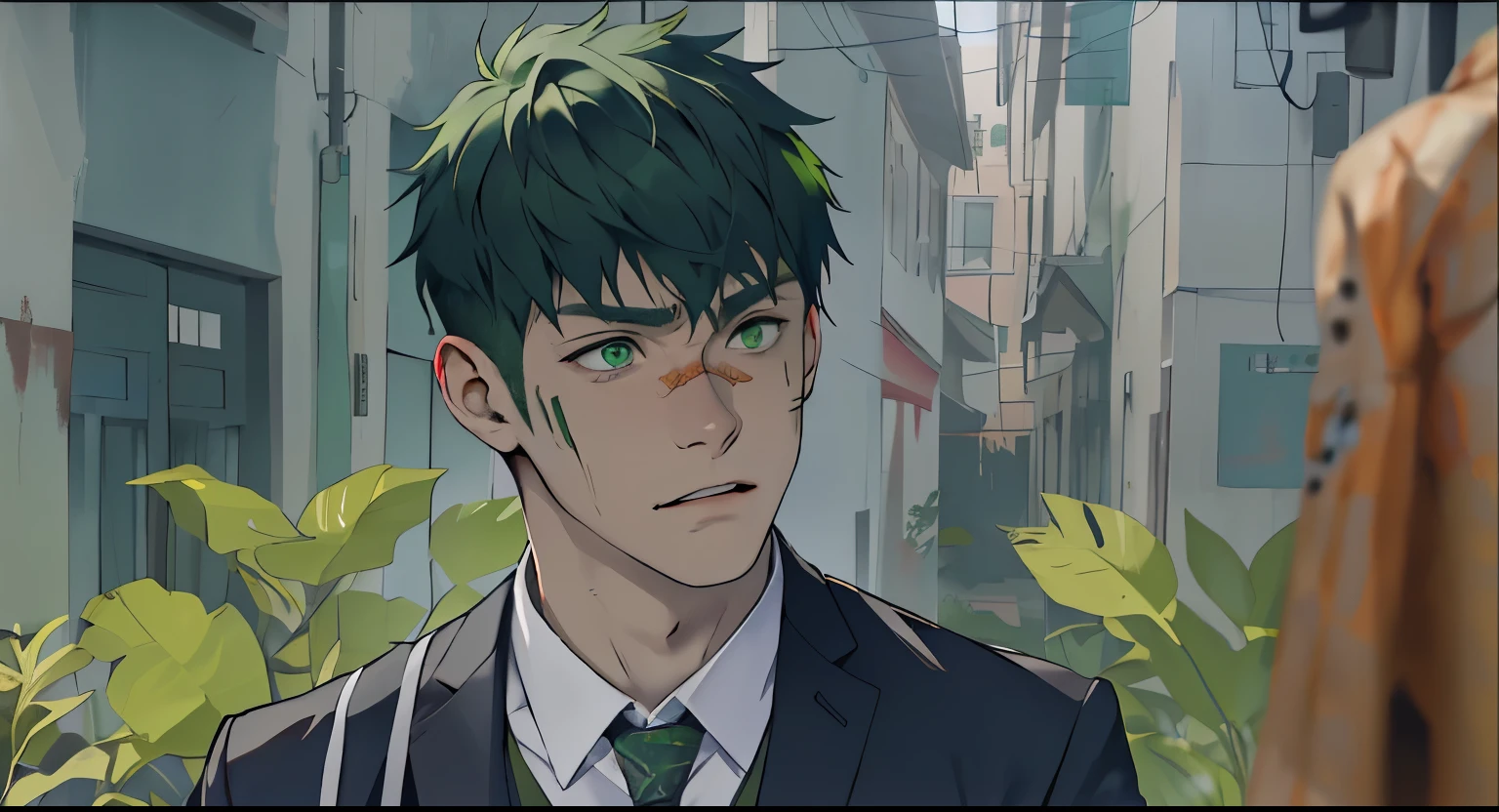 He is hurt, he feels pain, boy with white skin, green hair, green eyes.