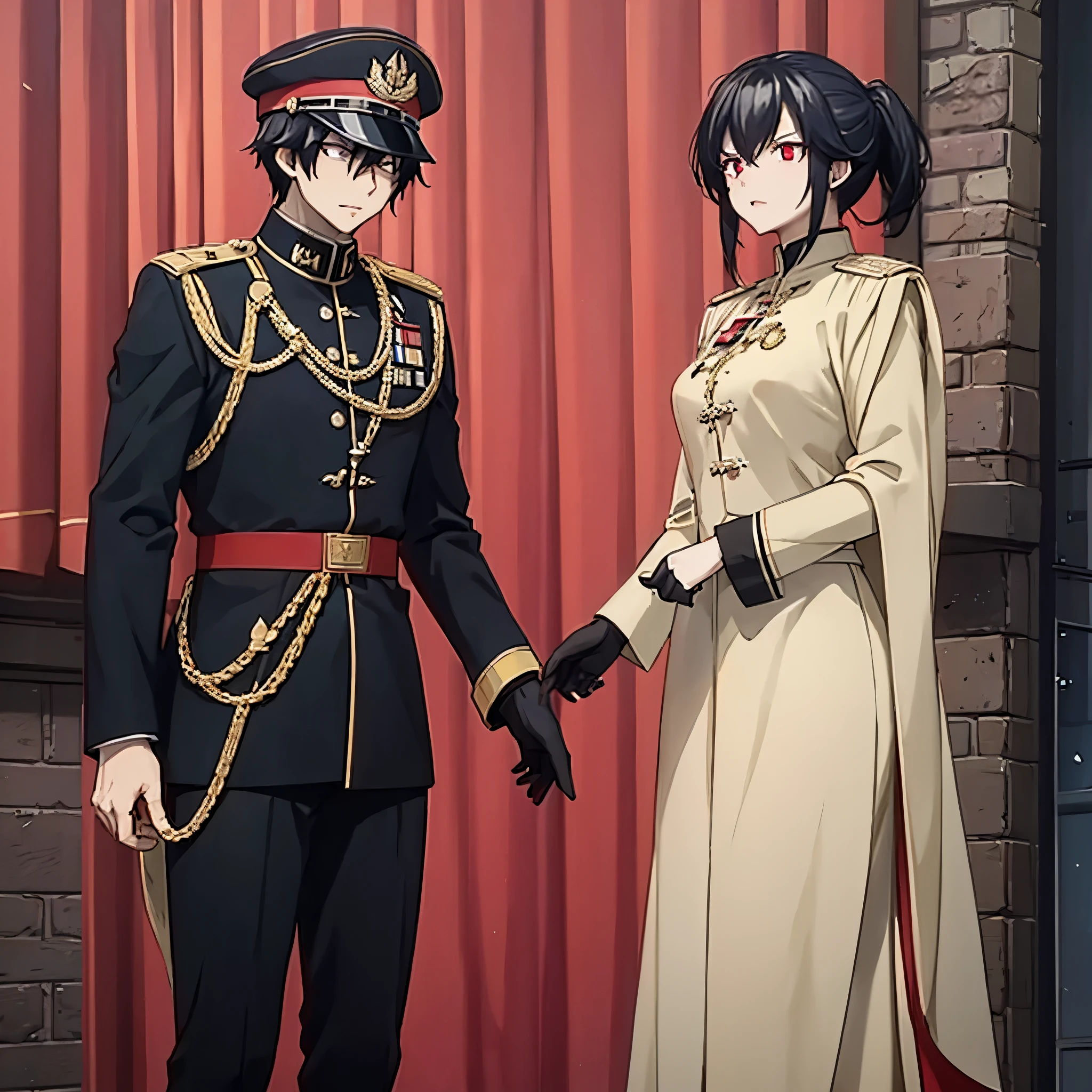A man together with a woman (red eye) in black Prussian military uniform with gold details, outside a military base.