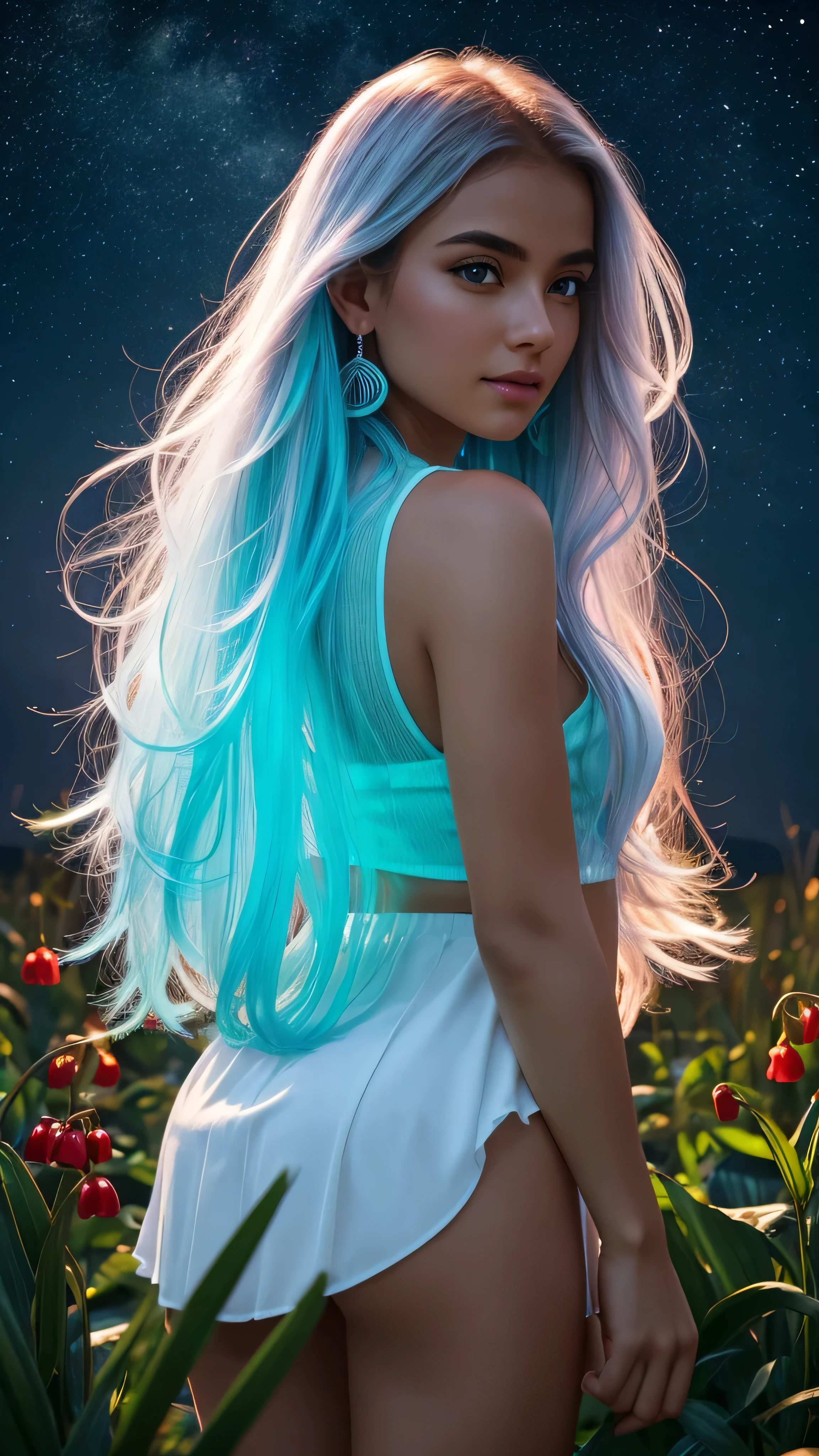 Beautiful realistic girl with BRIGHT WHITE-TURQUOISE long hair.... ,Close-up of clean skin with detailed skin ,full length,in a short miniskirt,on an orange background ,Against the background of the starry sky,bright makeup,EARRINGS WITH GLITTERS,two-leaf gray flower,translucent speckled bifoliate gray,Bioluminescent - Ultra High Quality 8K Music Equalizer, High contrast, rich colors, soft light, Super detailed photos. ultra high quality 8K, High contrast, noise reduction, яркие rich colors.. high quality, 8K Ultra HD, High contrasthigh quality,мягкие close focus,very beautiful flower, translucent red lily of the valley with dew drop flower, bioluminescent flower glows and shimmers, he grows in a mysterious forest, shrouded in mystery, Сверхhigh quality 8k, High contrast, rich colors, soft light, Ultra-detailed photos. Сверхhigh quality 8k, High contrast, noise reduction, bright rich colors.. high quality, 8K Ultra HD, High contrast
