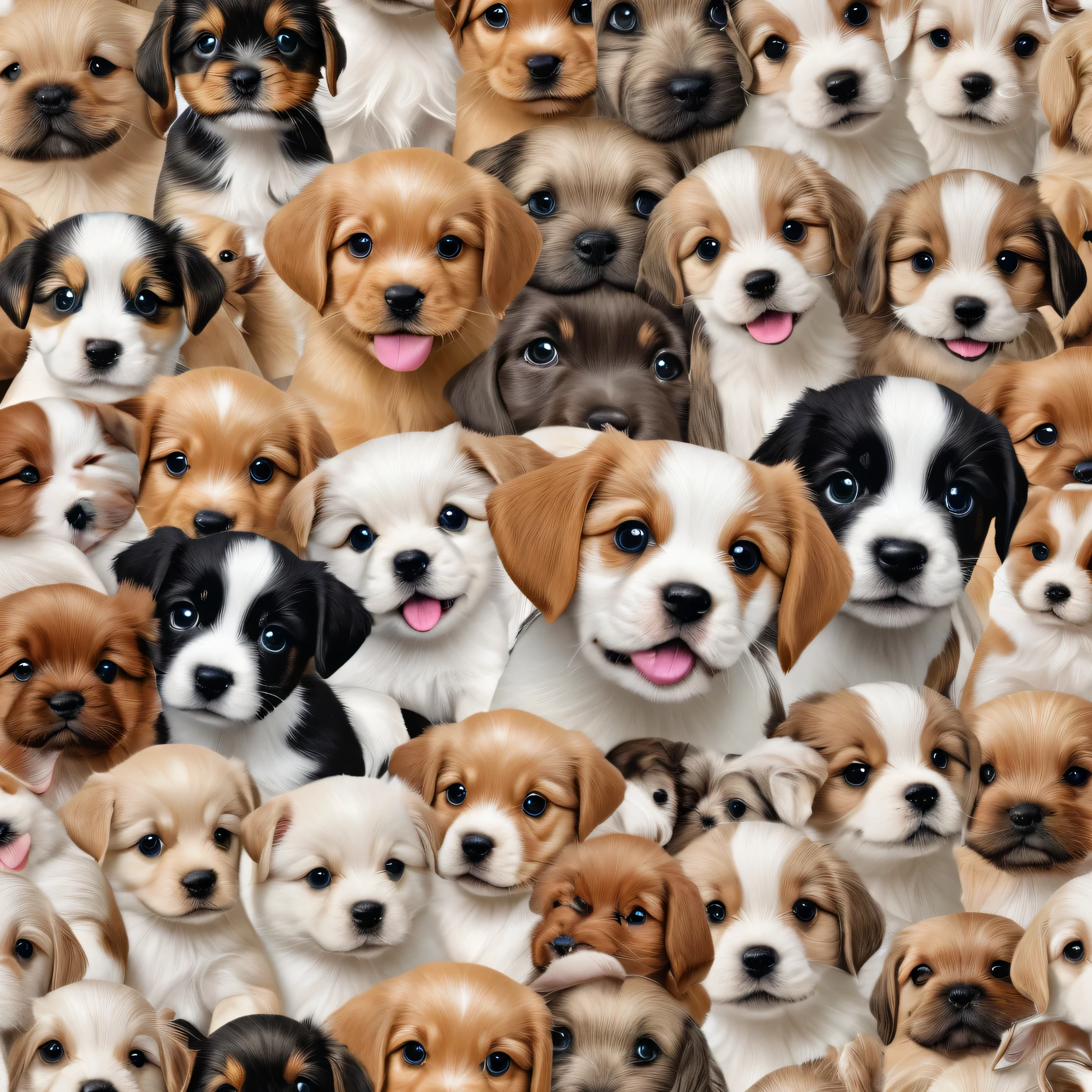 puppy dogs collage, wallpaper pattern, realistic, perfect face, ultra-detailed