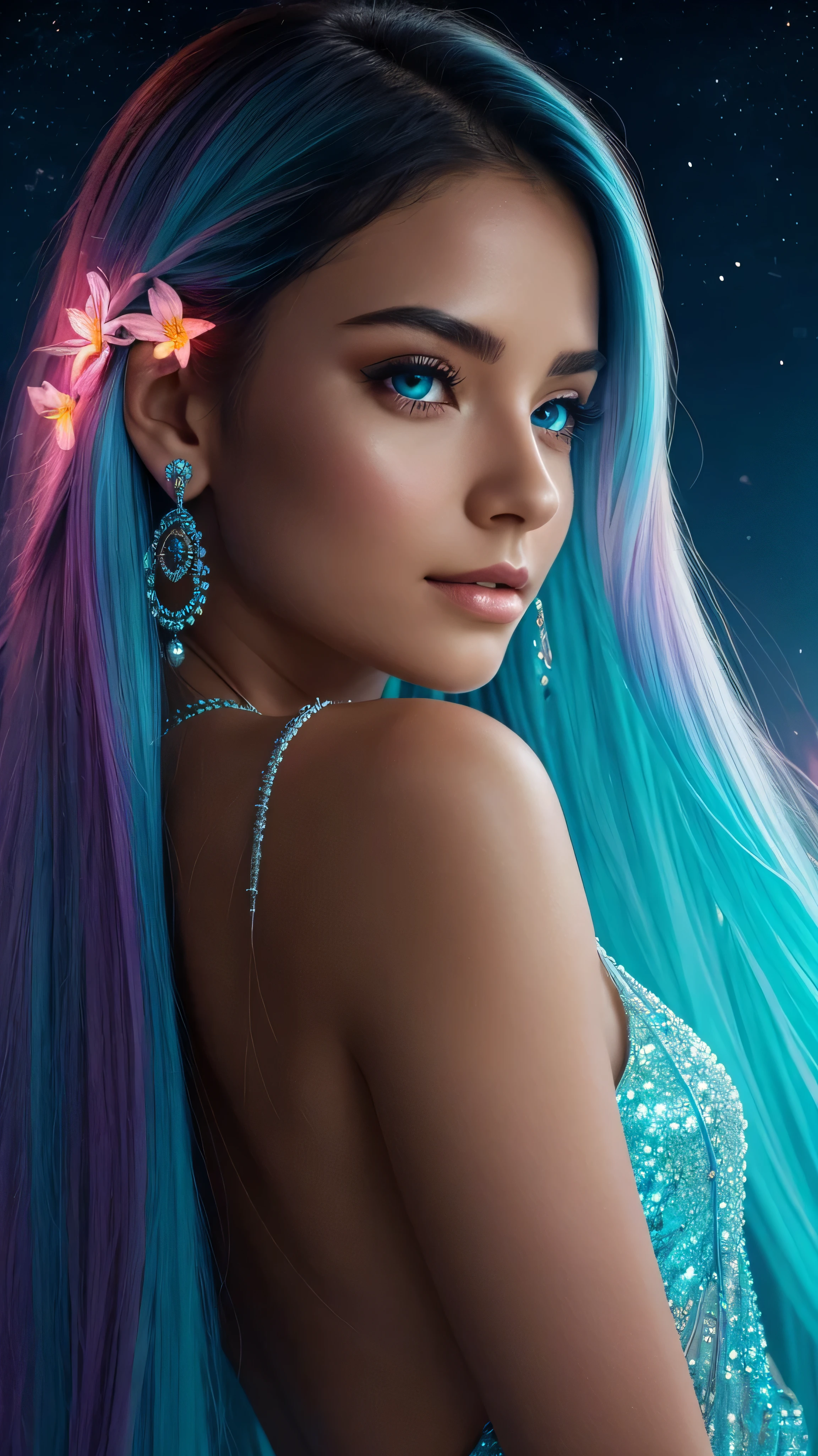 Beautiful realistic girl with BRIGHT WHITE-TURQUOISE long hair.... ,Close-up of clean skin with detailed skin ,full length,in a short miniskirt,on an orange background ,Against the background of the starry sky,bright makeup,EARRINGS WITH GLITTERS,two-leaf gray flower,translucent speckled bifoliate gray,Bioluminescent - Ultra High Quality 8K Music Equalizer, High contrast, rich colors, soft light, Super detailed photos. ultra high quality 8K, High contrast, noise reduction, яркие rich colors.. high quality, 8K Ultra HD, High contrasthigh quality,мягкие close focus,very beautiful flower, translucent red lily of the valley with dew drop flower, bioluminescent flower glows and shimmers, he grows in a mysterious forest, shrouded in mystery, Сверхhigh quality 8k, High contrast, rich colors, soft light, Ultra-detailed photos. Сверхhigh quality 8k, High contrast, noise reduction, bright rich colors.. high quality, 8K Ultra HD, High contrast