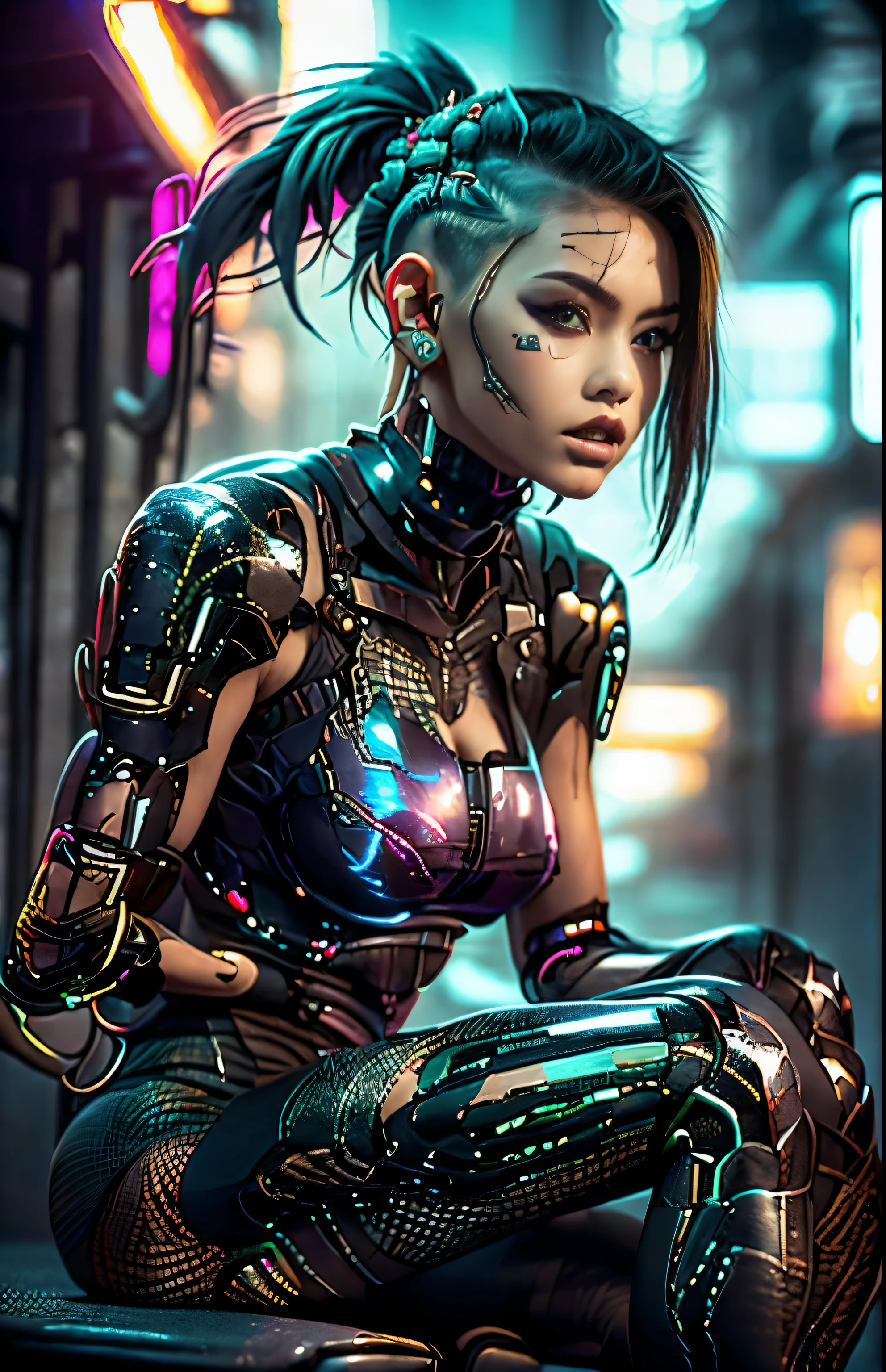 uma belissima mulher ciborgue guerreira ninja cyberpunk, olhos azuis, calelo curto, corpo humano, mechanic legs, mechanical arms, em uma cidade furista, 8k ultra detalhado e realista