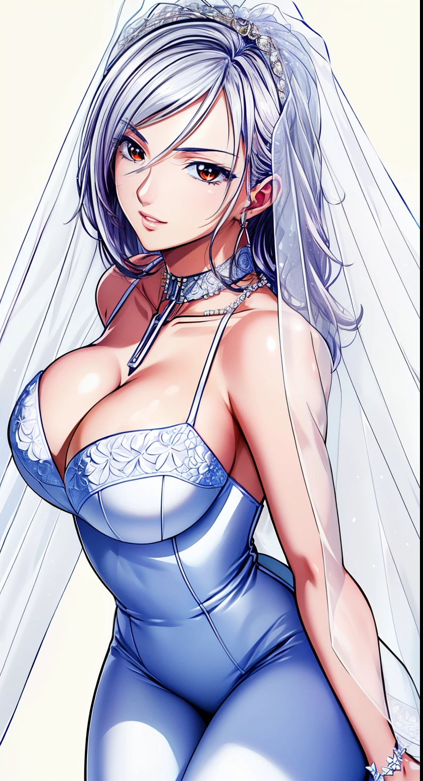 red eyes, (pure white background:1.4), (gorgeous diamond necklace around the neck:1.2),(highest quality, masterpiece絵画:1.3), mature woman, 26 years old, whole body, (beautiful neck:1.2),(from the top of the head to the toes),looking at camera, (From the side), masterpiece, ultra high resolution, (Photoreal:1.0), bright white hair,straight long hair, beautiful shining hair, white and shining skin, ((Ultra realistic details)), octane rendering, highly detailed face, (big breasts:1.0),(gorgeous white wedding dress,white Wedding veil,delicate decoration:1.2), open neckline, cleavage, perfect body, soft skin, anime face, perfect face, perfect eyes, looking at the viewer, smart,, There are many flowers at my feet, outdoors,sharp focus, intricate details, professional artwork, (bright colors:1.1), bright colors, diffused lighting, digital blending, ultra-definition body, ultra detail hair, super detailed face, It's trending on pixiv,perfect lips, perfect compensation, Ultra-precision coating, (light_smile:0.8), (Very embarrassed:1.2),A glossy look