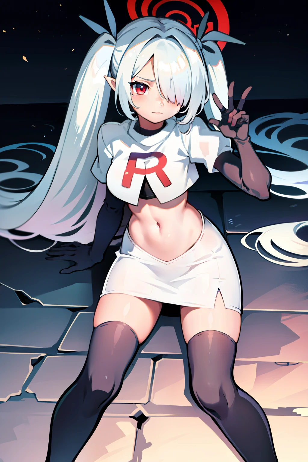 (masterpiece), 1girl, hair over one eye,magical world, shiny steps, beautiful sky, stars, jupiter, ioridef, team rocket,team rocket uniform, red letter R, white skirt,white crop top,black thigh-highs, black elbow gloves