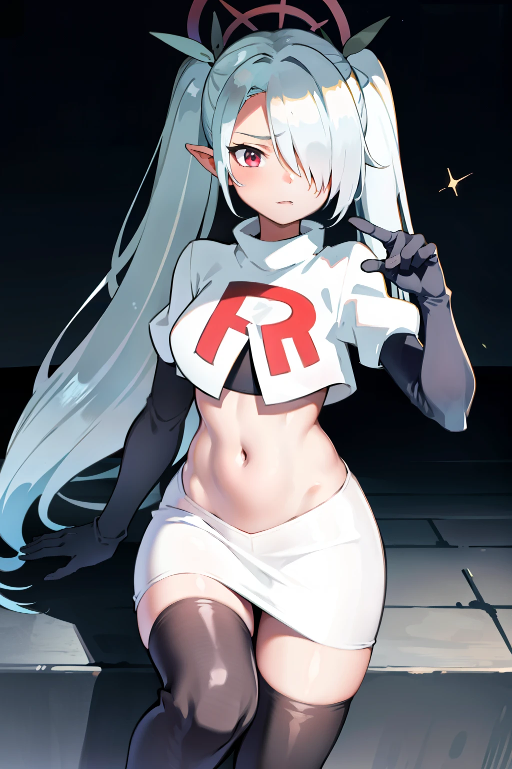 (masterpiece), 1girl, hair over one eye,magical world, shiny steps, beautiful sky, stars, jupiter, ioridef, team rocket,team rocket uniform, red letter R, white skirt,white crop top,black thigh-highs, black elbow gloves