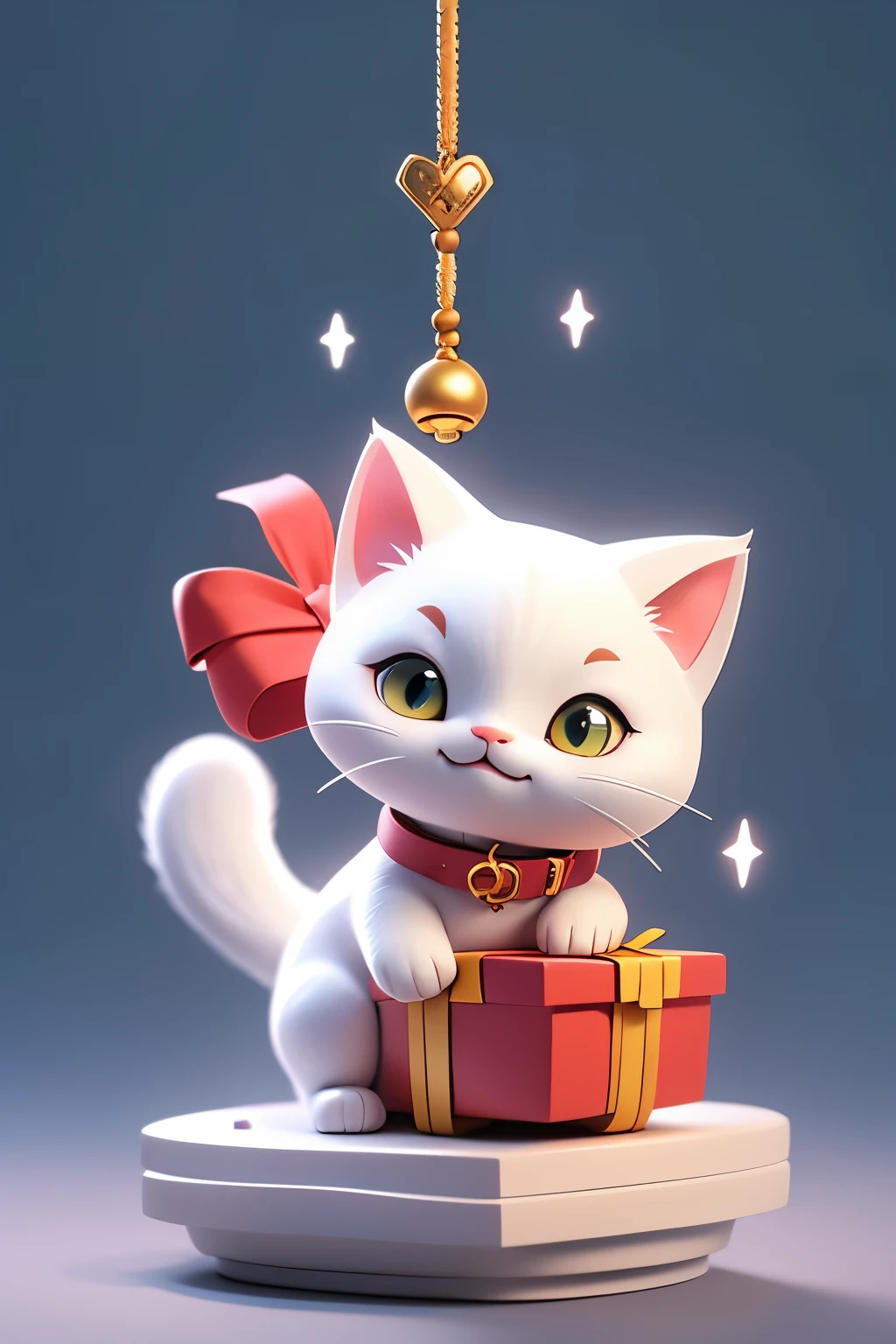 Cute,cute,Little white cat,collar,hanging bells,Turn sideways,wave,Squatting on the gift box