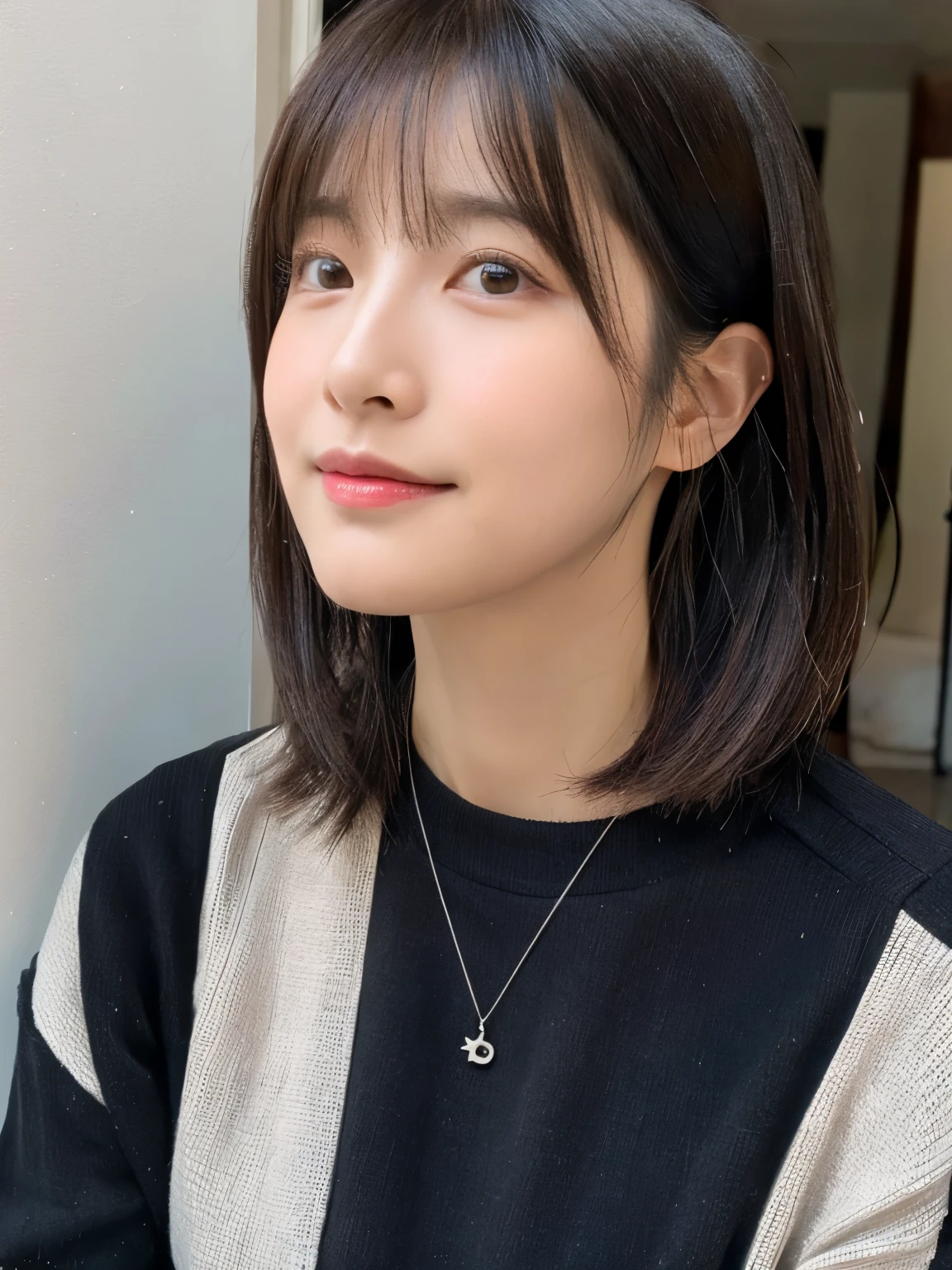 (Highly realistic photos,(High resolution), detailed face, fine eyes), ((Taken in front of a white wall))、japanese woman, 40 years old, various expressions, alone:1, slim figure, different hairstyles, casual clothes, Only one person appears in the photo、long sleeve dress、black clothes、Photographed in natural light、simple necklace、spring clothes、don't look at the camera、profile、bob hair