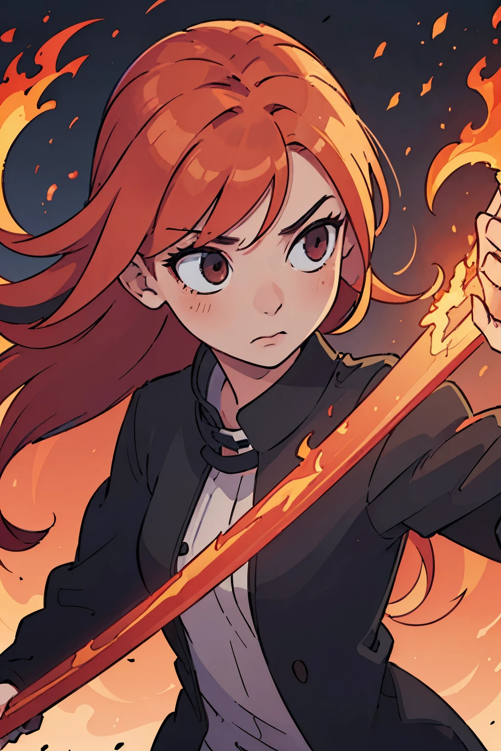 (best quality,10k) Beautiful blonde girl with fiery red hair tips, ruby eyes, holding a flaming sword, fire powers on katanas, foreground in black uniform, vibrant and vivid colors, photorealistic rendering, dramatic studio lighting