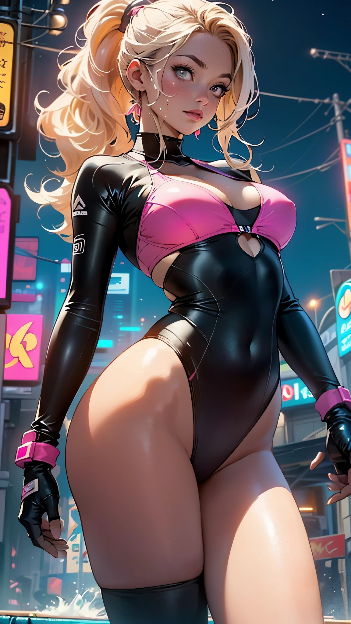 girl swimmer,((girl with extremely cute and beautiful blonde hair)),
(large breasts:1.4),saggy breasts,(((very light blonde ponytail hair:1.35,straight hair,ponytail long hair:1.4,colored inner hair,ear breathing))),((heterochromia:1.5, (pink_eye and yellow_eye))),intricate eyes,beautiful detailed eyes,symmetrical eyes,((fat)),(((lustrous skin:1.5,bright skin: 1.5,skin tanned,shiny skin,very shiny skin,shiny body,plastic glitter skin,exaggerated shiny skin,illuminated skin, wet legs))),(spider lower abdomen,narrow waist,wide hip,athletic body,inflated legs, thick thighs,detailed body,(detailed face)),
cute,slutty,seductive,erotic,((nsfw)),
zettai ryouiki,((two-piece swimsuit magenta,wearing a bikini outfit:1.3,sport bikini)),(rgb headphones:1.5,cyber gloves:1.5,huge mech-gloves),((wet clothes,intricate outfit,intricate clothes,intricate swimsuit, intricate bikini)),
(dynamic pose:1.0),embarrassed,(centered,scale to fit dimensions,Rule of thirds),
cyberpunk city by the ocean at night, with bright neon signs and dark stormy clouds and puddles, scenery:1.25,nighttime, starry night, cosmos,Very dark night that makes the neon lights stand out, very bright neon lights,nighttime, starry night, cosmos,
artistic photography,(photography taken by sldr),highres, sharp focus,(ultra detailed, extremely detailed), (photorealistic artwork:1.37),(extremely detailed CG unity 8k wallpaper),((synthwave background theme)),(((vibrant colors))),intricate,(intricate background),(masterpiece),(best quality),perfect rendered face,perfect face details,realistic face,photo realistic,analog style,((intricate detail)),(((realism))),