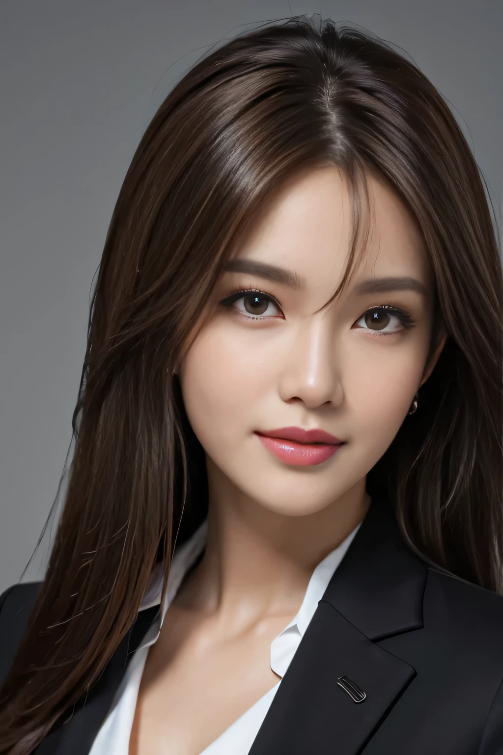 Tabletop, Highest quality, Realistic, Very detailed, finely, High resolution, 8k wallpaper, One beautiful woman,, Light brown messy hair, Wear a business suit, Sharp focus, Perfect dynamic composition, Beautiful and beautiful eyes, Thin Hair, Detailed Realistic skin texture, smile, Close-up portrait, Model body type,Cleavage