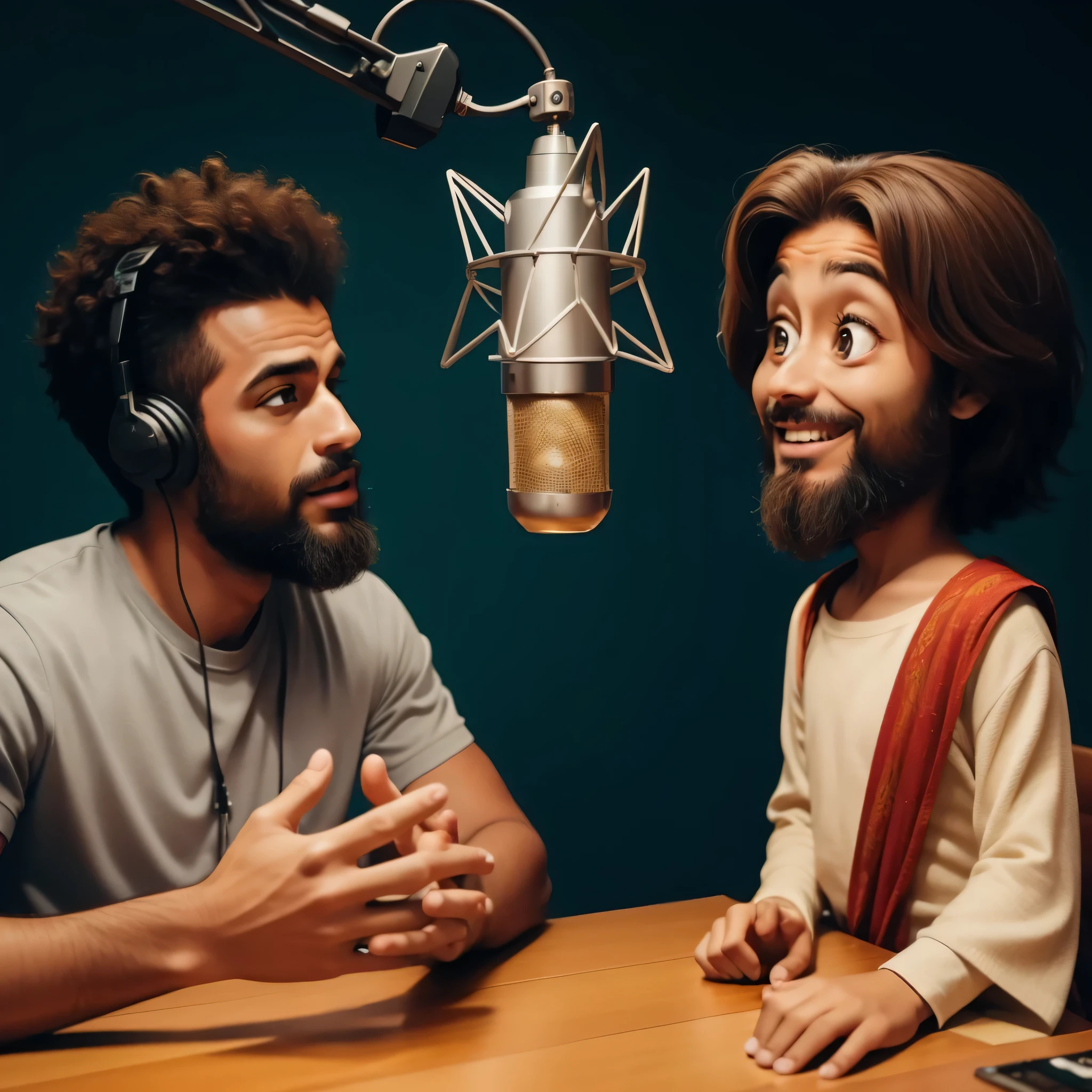 homem e mulher arafiados sentados em uma mesa com um microfone, ainda animado, gigachad jesus, José and José, filme animado, Jesus preto, Nicodemos, filme animado still, listening to pious music, Arte Promocional, conversando calmamente 8k, animated episode yet, em argila, animation still, promo image, foto comercial de brinquedo