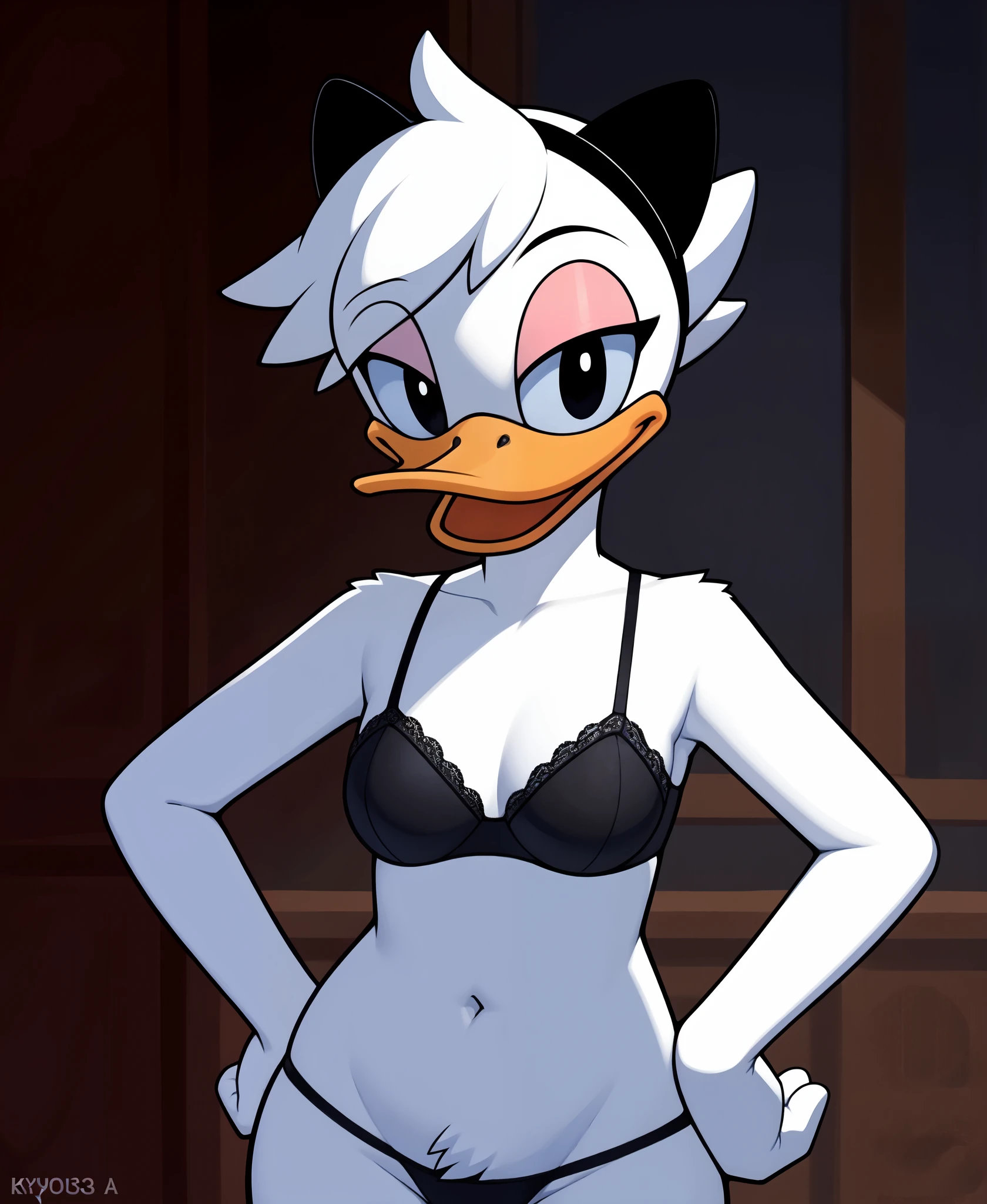 (by kyurisawa:1.2) (by chelodoy:1) (by ashraely:1) BREAK , daisy duck, beak, white skin, white body, white hair, short hair, female, breasts, orange legs,  mouth closed, eyeliner, pink eyeshadow, black eyebrows, black eyes, inside, mansion, night  looking at viewer (black bra:1.2), red panties, hand on hip, open mouth, tongue, black tiara

(detailed white fur:1.3) (soft cinematic light:1.1) , ((looking at viewer)), (by qupostuv35:1.0), ,, BREAK