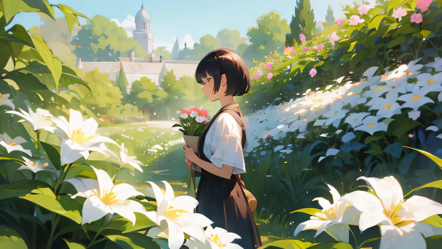 A girl with short hair looks at flowers in the garden