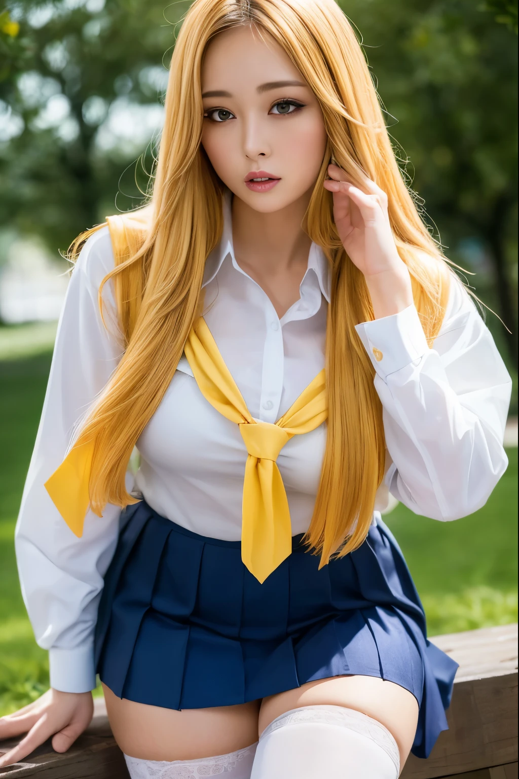 （highest quality，4k，masterpiece：1.2），Beautiful woman，1 girl，sexy：1.1，dark yellow hair：1.1，woman wearing school uniform，soaking wet uniform，super detailed face，lip details，fine eyes，double eyelid，miniskirt white stockings，stand up