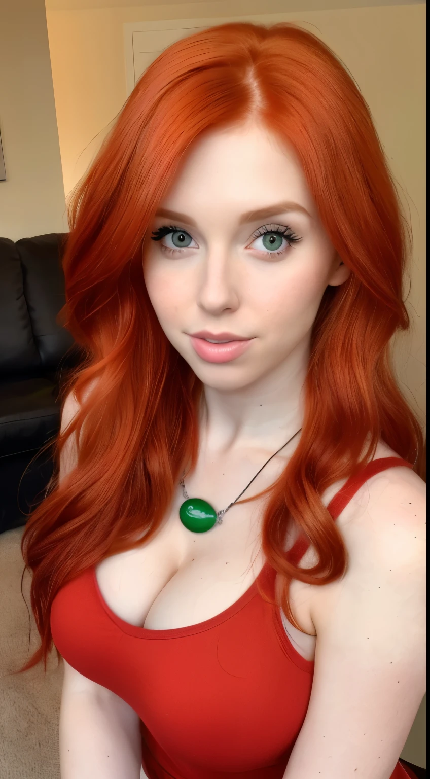 (Leah Jeffries:1.0) (20 years old) there is a woman with red hair and a blue necklace, brown-red-hair pretty face, with red hair and green eyes, amouranth, red hair and attractive features, she has long orange brown hair, with red hair, she is redhead, a redheaded young woman, she has red hair, better known as amouranth, red head