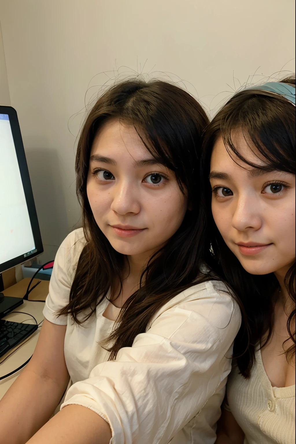 17 year old Japanese girl and her 15 year old sister take selfie on the computer