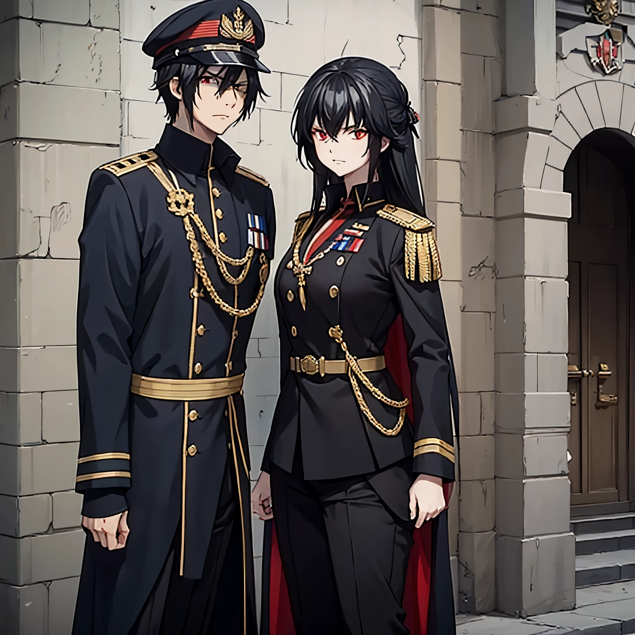 A man together with a woman (red eye) in black Prussian military uniform with gold details, outside a military base.