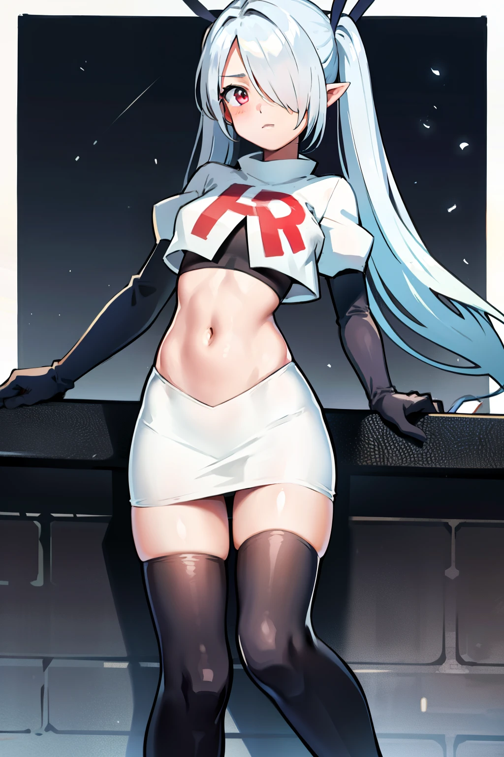 (masterpiece), 1girl, hair over one eye,magical world, shiny steps, beautiful sky, stars, jupiter, ioridef, team rocket,team rocket uniform, red letter R, white skirt,white crop top,black thigh-highs, black elbow gloves