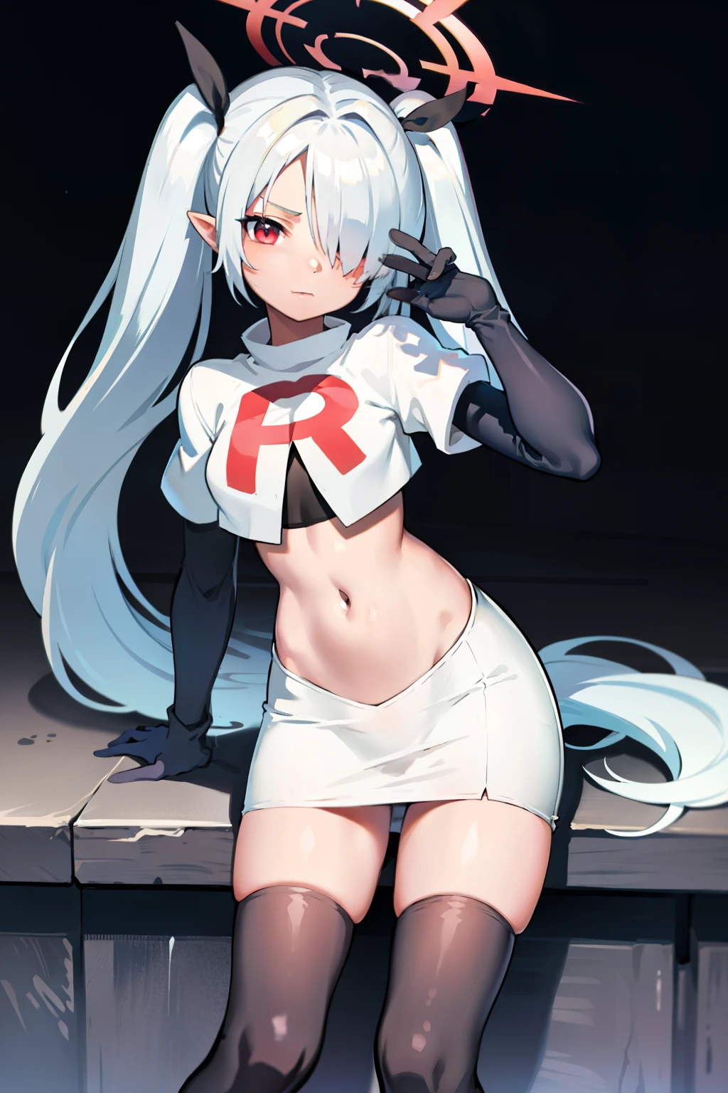 (masterpiece), 1girl, hair over one eye,magical world, shiny steps, beautiful sky, stars, jupiter, ioridef, team rocket,team rocket uniform, red letter R, white skirt,white crop top,black thigh-highs, black elbow gloves