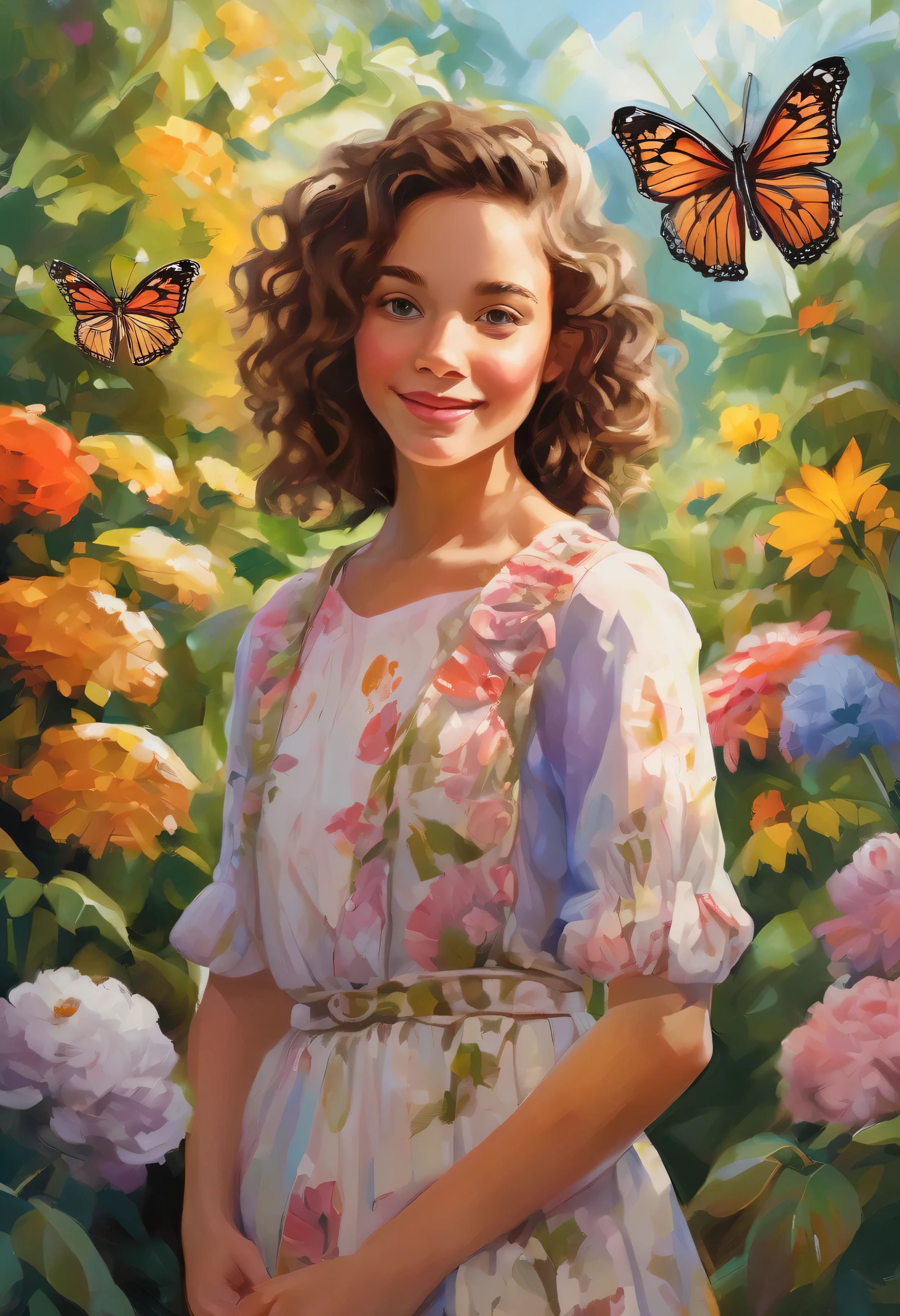 A girl with curly brown hair and expressive hazel eyes., Stylish clothes and a confident smile. She stands in a lush vibrant garden with colorful flowers。. The sun's rays gently illuminate her face, Highlight her natural beauty.

Material: High-quality illustrations with a touch of oil painting that make use of rich colors and textures..

Further details: The garden is full of butterflies and birds, Add life and movement to your scene. Milly has a canvas and a palette of bright paints, alludes to her artistic nature and creative pursuits. The flowers in the garden are in full bloom, display different shapes, size, and color. The air is filled with the sweet smell of flowers, Create a calm and enchanting atmosphere.

image quality: (highest quality, 4k, High resolution, masterpiece:1.2), super detailed, (realistic, photorealistic:1.37). Image requires HDR effects and studio lighting, Capture every tiny detail、Create a truly immersive experience. Colors must be vibrant, Bring your scenes to life with depth and realism. The focus should be sharp, Allow viewers to appreciate delicate brushstrokes and intricate details.

art style: Fusion of portrait and landscape, Expressing Millie&#39;s beauty in a natural environment. Style needs a touch of fantasy, Add to the enchanting atmosphere of your garden.

color palette: soft pastel colors with pops of vibrant hues. The overall tone should be warm and inviting, Create a comfortable and soothing visual experience.

lit: soft, golden sunlight flowing through the leaves, Casting warm light on Milly and the garden. Shadows should add depth and dimension to the scene, Create a fascinating interplay between light and shadow.

without explanation、Remember to combine and place tags within a single prompt。, Separate each tag with a comma.