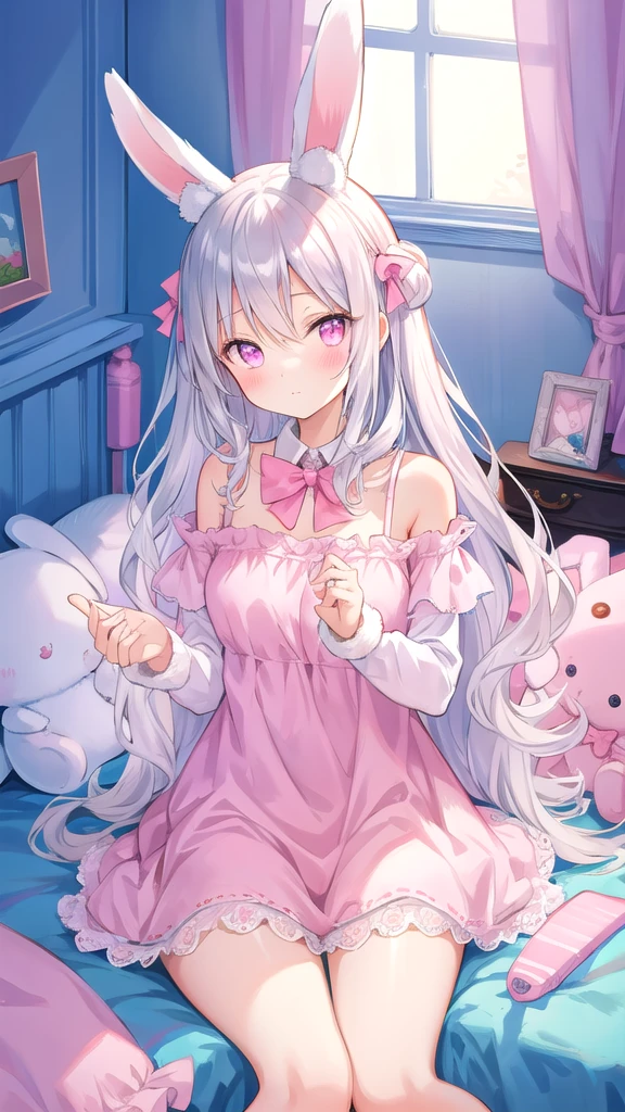 beautiful illustration, best quality, cute girl, bedroom, pastel color, fluffy bunny ears, , silver long hair, rabbit stuffed toy, bright lighting, light pink eyes