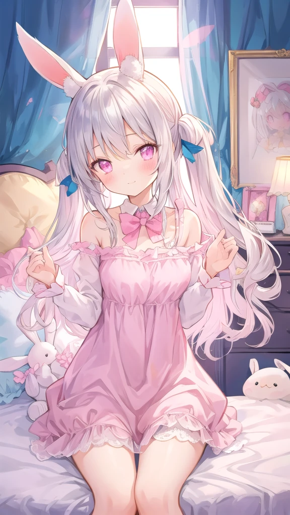 beautiful illustration, best quality, cute girl, bedroom, pastel color, fluffy bunny ears, , silver long hair, rabbit stuffed toy, bright lighting, light pink eyes