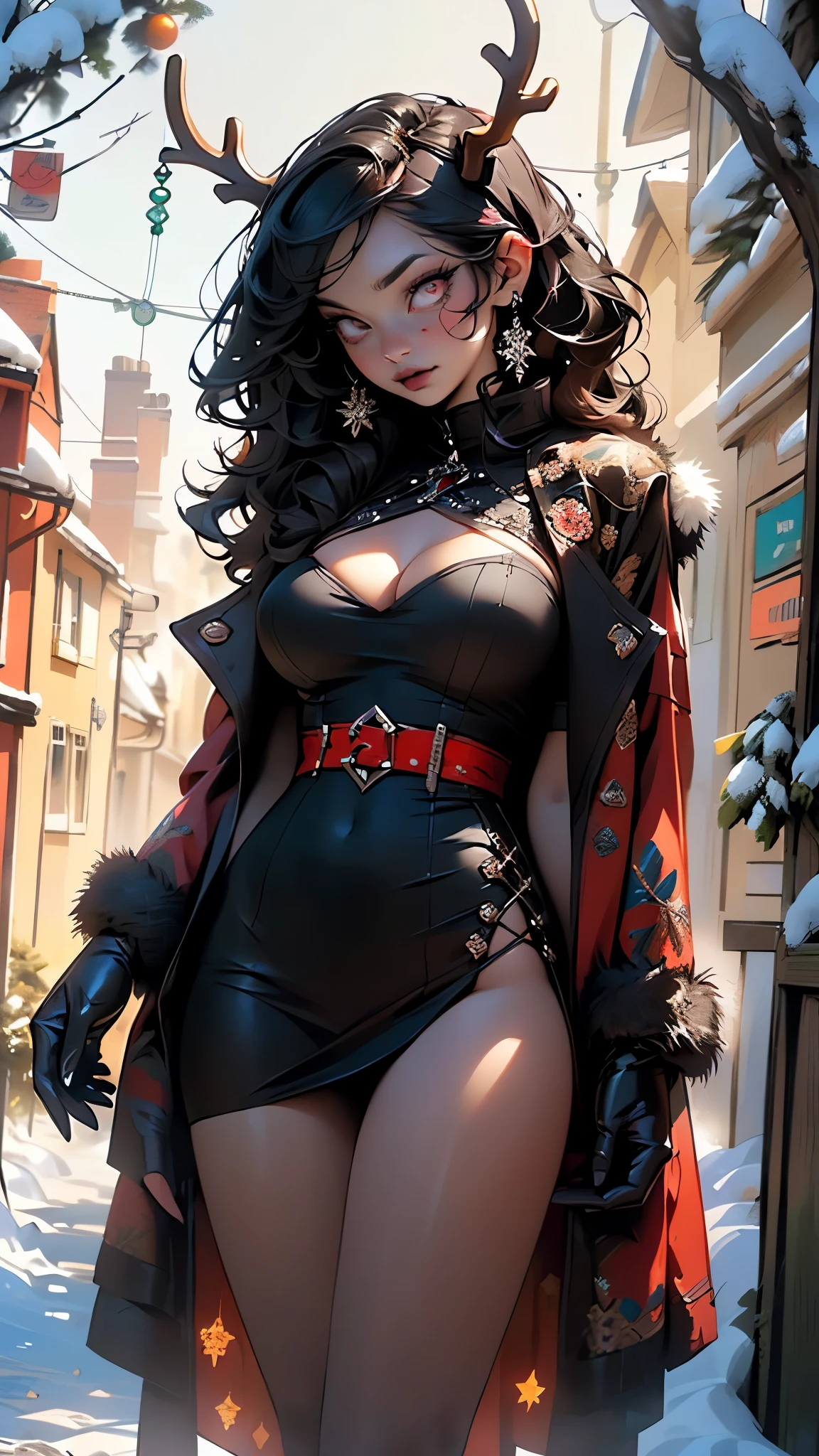 gothic reindeer girl,(((1girl))),((extremely cute and beautiful black hair anime gothic reindeer girl)),

(((anthro furry:1.2), Playboy_Reindeer, reindeer_antlers,(huge antlers:1.5,dear antlers:1.5,blooming antlers:1.5))),(large breasts:1.4),saggy breasts,((((black hair, long ponytail hair:1.35,large ponytail hair, long hair,ear breathing)))),(((red_eyes:1.3))),intricate eyes,beautiful detailed eyes,symmetrical eyes,big eyes:1.5,(((lustrous skin:1.5,bright skin: 1.5,skin tanned,shiny skin,very shiny skin,shiny body,plastic glitter skin,exaggerated shiny skin,illuminated skin))),(spider lower abdomen,narrow waist,wide hip,athletic body,inflated legs,thick thighs,detailed body,(detailed face)),

cute,slutty,seductive,erotic,(((nsfw))),

zettai ryouiki,revealing clothing,show skin,(((Sexy goth fur coat, goth fur coat outfit, wearing a goth fur coat:1.3,dark red winter coat))),((red goth mini-skirt,red goth mini skirt with furry edge,visible thong straps, navel)),((underpants strap)),(red gothic clothes,semi-naked,with little goth clothing),((((Black Eyeshadow,Thick Black Eyeliner,Long Dramatic Eyelashes,Black Lips))),(((intricate outfit,intricate clothes,embroidered outfit,ornate outfit))),

(dynamic pose:1.0),embarrassed,(centered,scale to fit dimensions,Rule of thirds),

(((winter town decked out in festive decorationajestic Christmas tree))),(((sparkling lights over the village))),(((star-topped tree))),(((festive village square))),(((snow))),(((snow-covered scene))),(((winter wonderland))),(((snowflakes))),(((cottages and houses))),(((scenery))),

(Glossy winter ornaments),highres,sharp focus,(ultra detailed,extremely detailed),(photorealistic artwork:1.37),(extremely detailed CG unity 8k wallpaper),(((vibrant colors,vibrant theme))),(intricate),(masterpiece),(best quality),artistic photography,(photography taken by sldr),(intricate background),perfect rendered face,perfect face details,realistic face,photo realistic,analog style,((intricate detail)),(((re