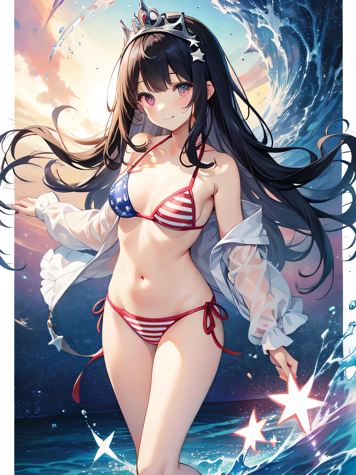 highest quality、best image quality、beautiful eyes、very delicate and beautiful、beautiful eyes、pink eyes、I、I、 girl、Japanese、、Chiquita、Noble、primary sch、barefoot、(((stars and stripes bikini)))、（High leg）、tiara on head、dull smile、standing and facing forward、The background is the beach