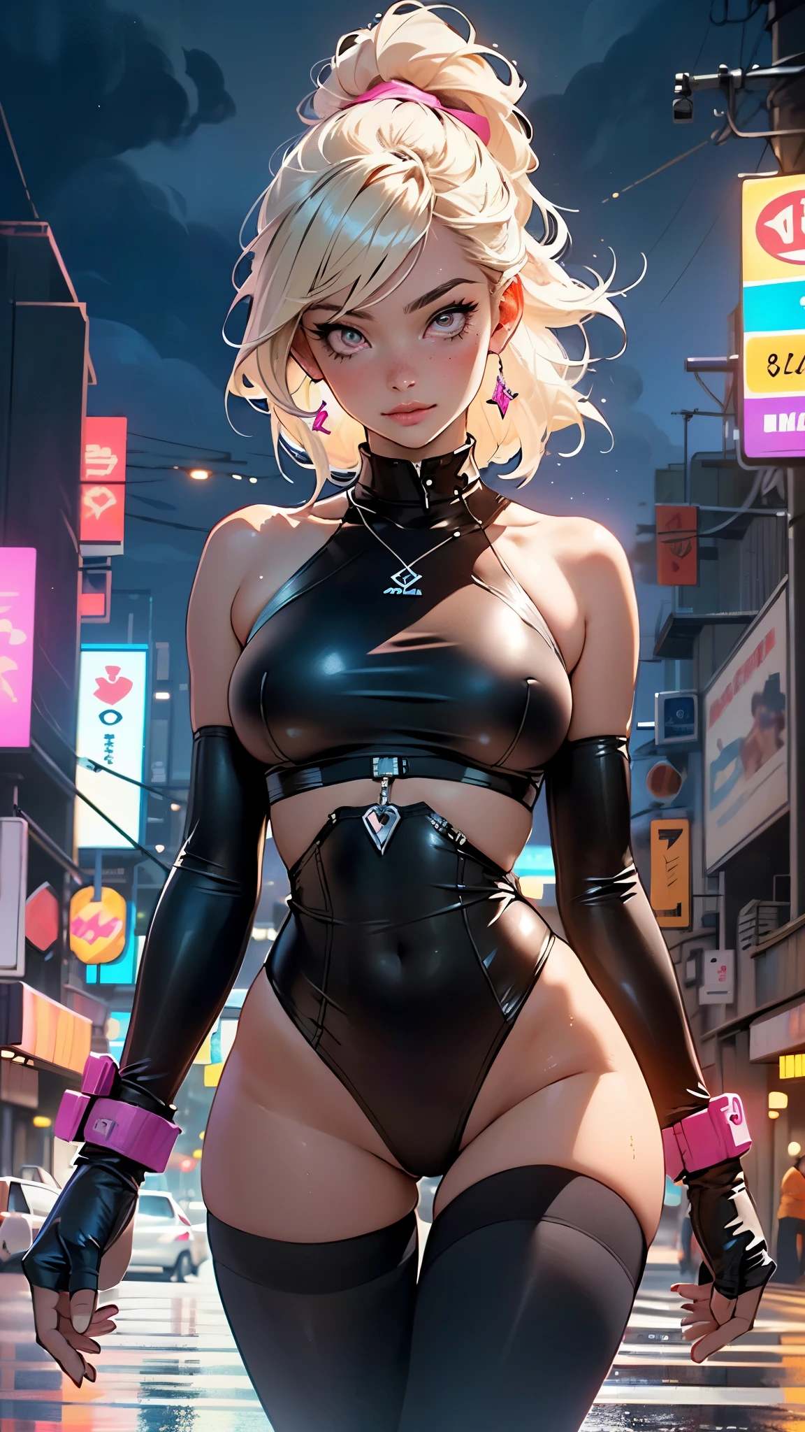 girl swimmer,((girl with extremely cute and beautiful blonde hair)),

(large breasts:1.4),saggy breasts,(((very light blonde ponytail hair:1.35,straight hair,ponytail long hair:1.4,colored inner hair,ear breathing))),((heterochromia:1.5, (pink_eye and yellow_eye))),intricate eyes,beautiful detailed eyes,symmetrical eyes,((fat)),(((lustrous skin:1.5,bright skin: 1.5,skin tanned,shiny skin,very shiny skin,shiny body,plastic glitter skin,exaggerated shiny skin,illuminated skin, wet legs))),(spider lower abdomen,narrow waist,wide hip,athletic body,inflated legs, thick thighs,detailed body,(detailed face)),

cute,slutty,seductive,erotic,((nsfw)),

zettai ryouiki,((two-piece swimsuit magenta,wearing a bikini outfit:1.3,sport bikini)),(rgb headphones:1.5,cyber gloves:1.5,huge mech-gloves),((wet clothes,intricate outfit,intricate clothes,intricate swimsuit, intricate bikini)),

(dynamic pose:1.0),embarrassed,(centered,scale to fit dimensions,Rule of thirds),

cyberpunk city by the ocean at night, with bright neon signs and dark stormy clouds and puddles, scenery:1.25,nighttime, starry night, cosmos,Very dark night that makes the neon lights stand out, very bright neon lights,nighttime, starry night, cosmos,

artistic photography,(photography taken by sldr),highres, sharp focus,(ultra detailed, extremely detailed), (photorealistic artwork:1.37),(extremely detailed CG unity 8k wallpaper),((synthwave background theme)),(((vibrant colors))),intricate,(intricate background),(masterpiece),(best quality),perfect rendered face,perfect face details,realistic face,photo realistic,analog style,((intricate detail)),(((realism))),
