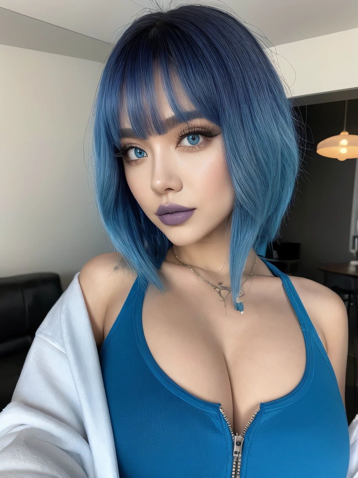 messy hair, blue hair, alternative, rockstar hairstyle and clothes, glam rock makeup, smile, blue lipstick, festival stage, blue unzipped hoodie, cropped hoodie, big breasts, bikini, bright colors, vivid colors, bright blue eyes, jewlery
