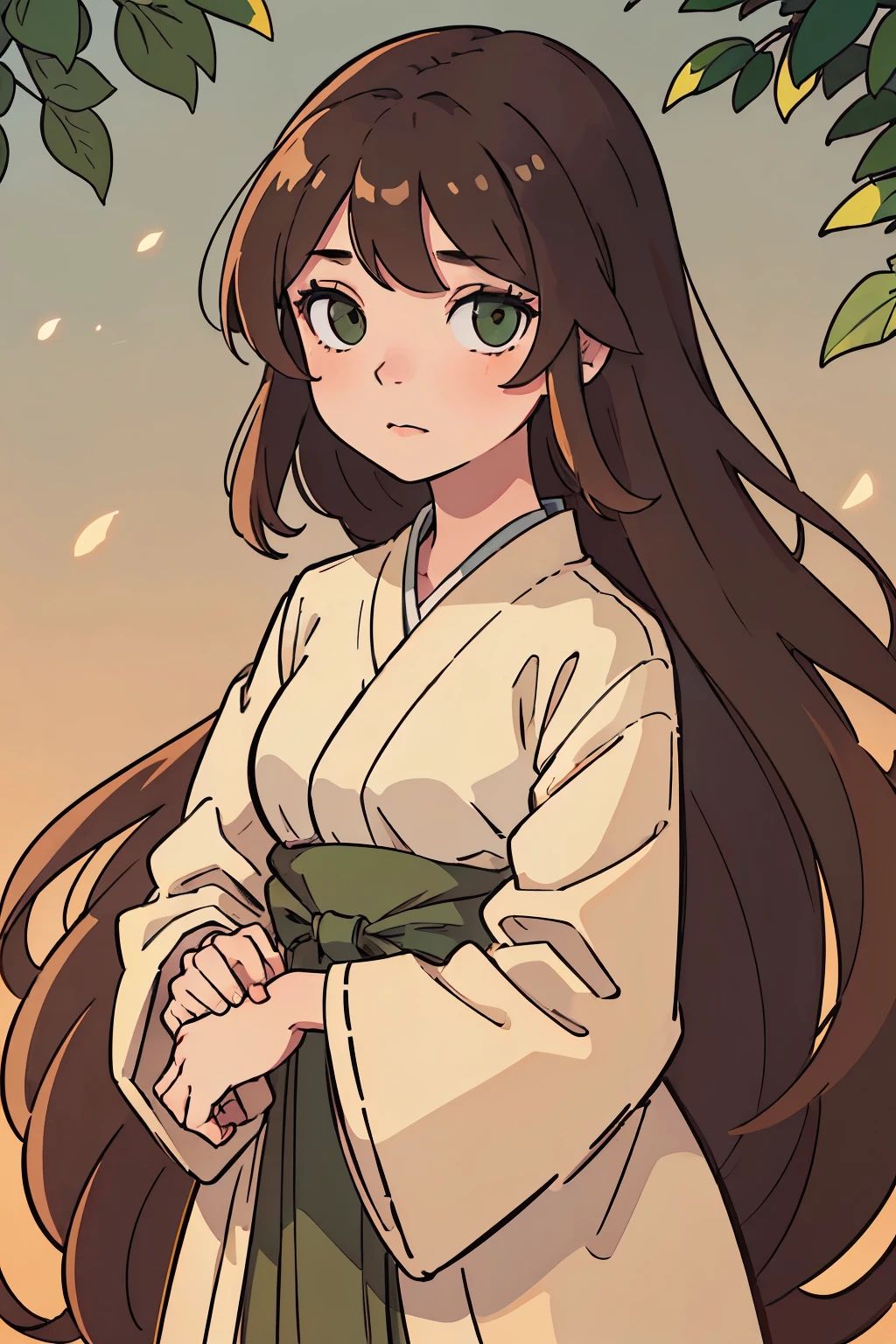 (best quality:0.8),beautiful girl,extremely long brown hair,green eyes,simple beige kimono,peach forest,summery, best quality, HDR,vivid colors,ultra-detailed