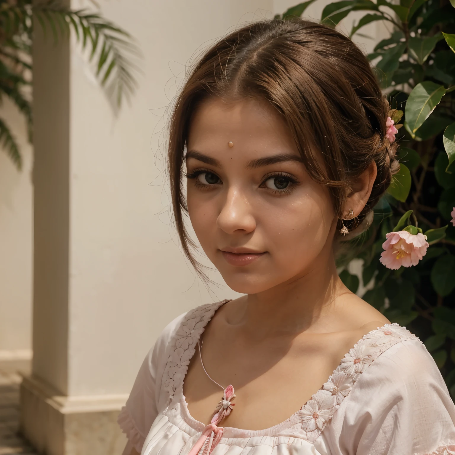 de cabelos castanhos claro liso penteado para o lado esquerdo, pele clara de bochechas rosadas, de blusa branca com jardineira verde