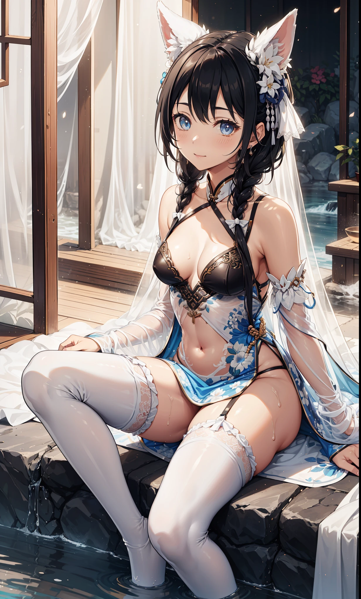 top quality，best resolution，(Soaked的白色长旗袍），super detailed, She has a white twin tail，20 years old young girl，Gorgeous的雕纹，Design intricate clothes，light eyes，she has earrings, wealth，Gorgeous， imagine，Elegant and charming，Slightly curvy figure，((White transparent white garter stockings)),((Soaked，Adjacent to ancient Chinese hot springs))，night，small light，posture