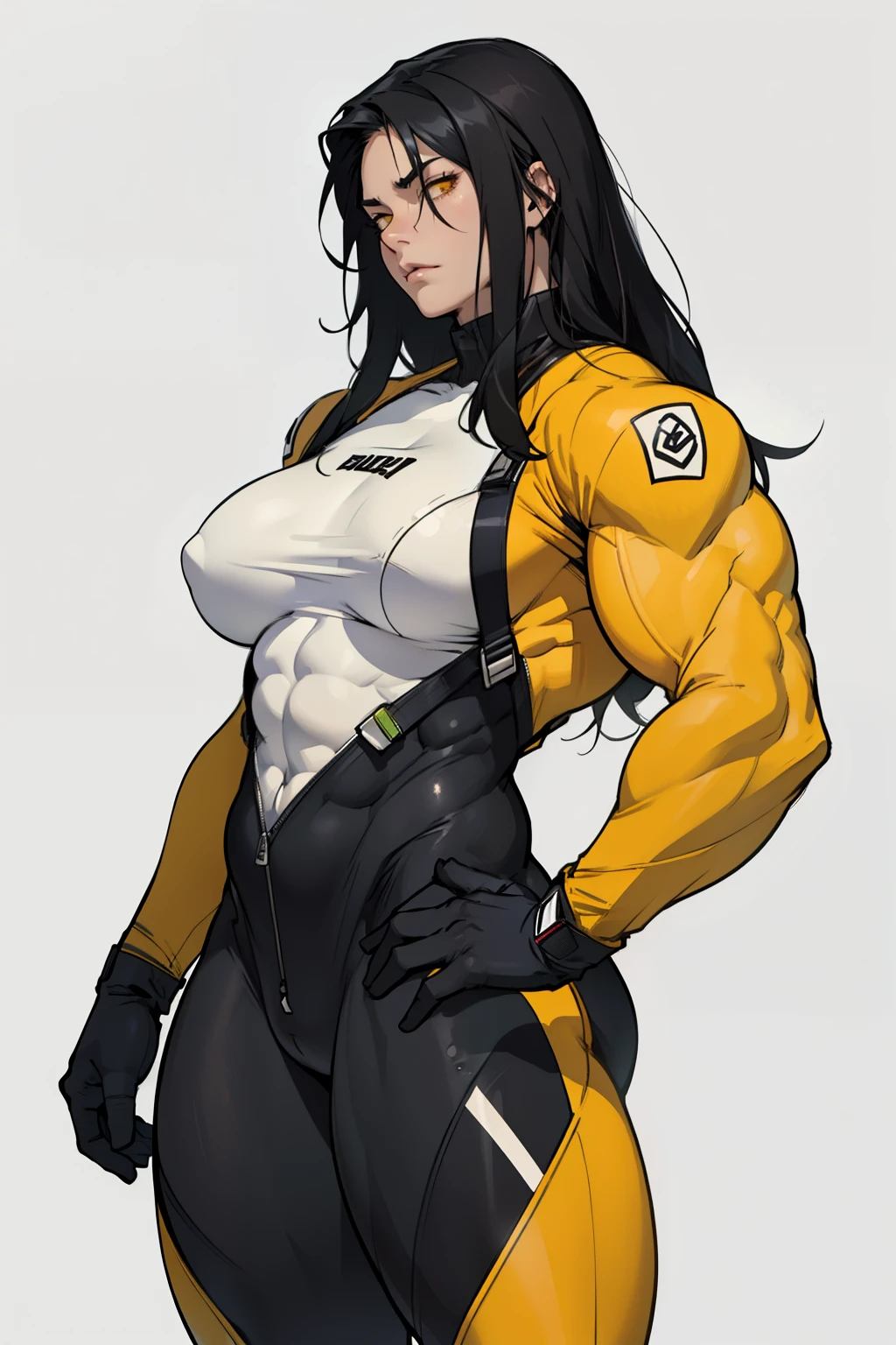 (((((1girl))))), black hair, extremely long hair, yellow eye, ((((((muscular)))))), (((huge breasts))), ((((thick thighs)))), solo, expressionless sad, (pale skin), cowboy shot, (((full bodysuit))) thick thick thick