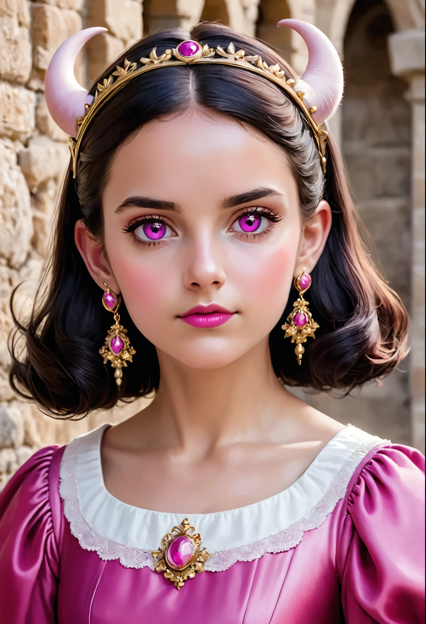 Mujer de estatura baja, ojos redondos color fucsia, cabello negro corto y liso, rostro redondo, small ears, small fuchsia horns on the forehead, piel rosa claro, vestido medieval antiguo color rosado con negro, diadema blanca en la cabeza, small gold earrings, medias largas blancas, cara redonda, She is sitting on a white cloud next to a little angel, nariz refinada, labios 