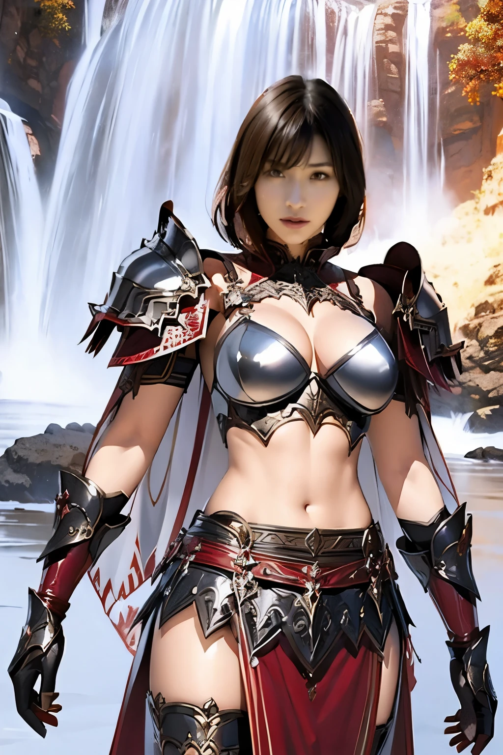 Arafed woman in wine red armor posing in front of a waterfall, girl in knight's armor, armor girl,Breast size is about G cup, beautiful female knight, gorgeous female paladin, wearing fantasy armor, stunning armor, beautiful armor, female knight, of a beautiful female knight, charming red princess knight, very stylish fantasy armor, bikini armor female knight, fantasy armor, fantasy knight, Wearing a shiny wine red breastplate