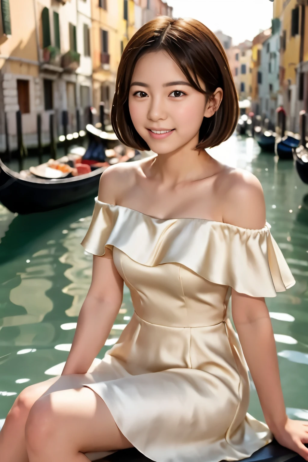 (((JPGND))), Masterpiece, Best Quality, (1girl), Ultra-realistic capture, Highly detailed, High resolution 16k, ((whole body)), round face, cute fairy, short bob cut, thin lips, ((thin eyebrows:0.5), ((Enjoy a gondola cruise in Italy, gondola is italian ship)), ((wearing silk white formal dress off-shoulder, a warm smile))