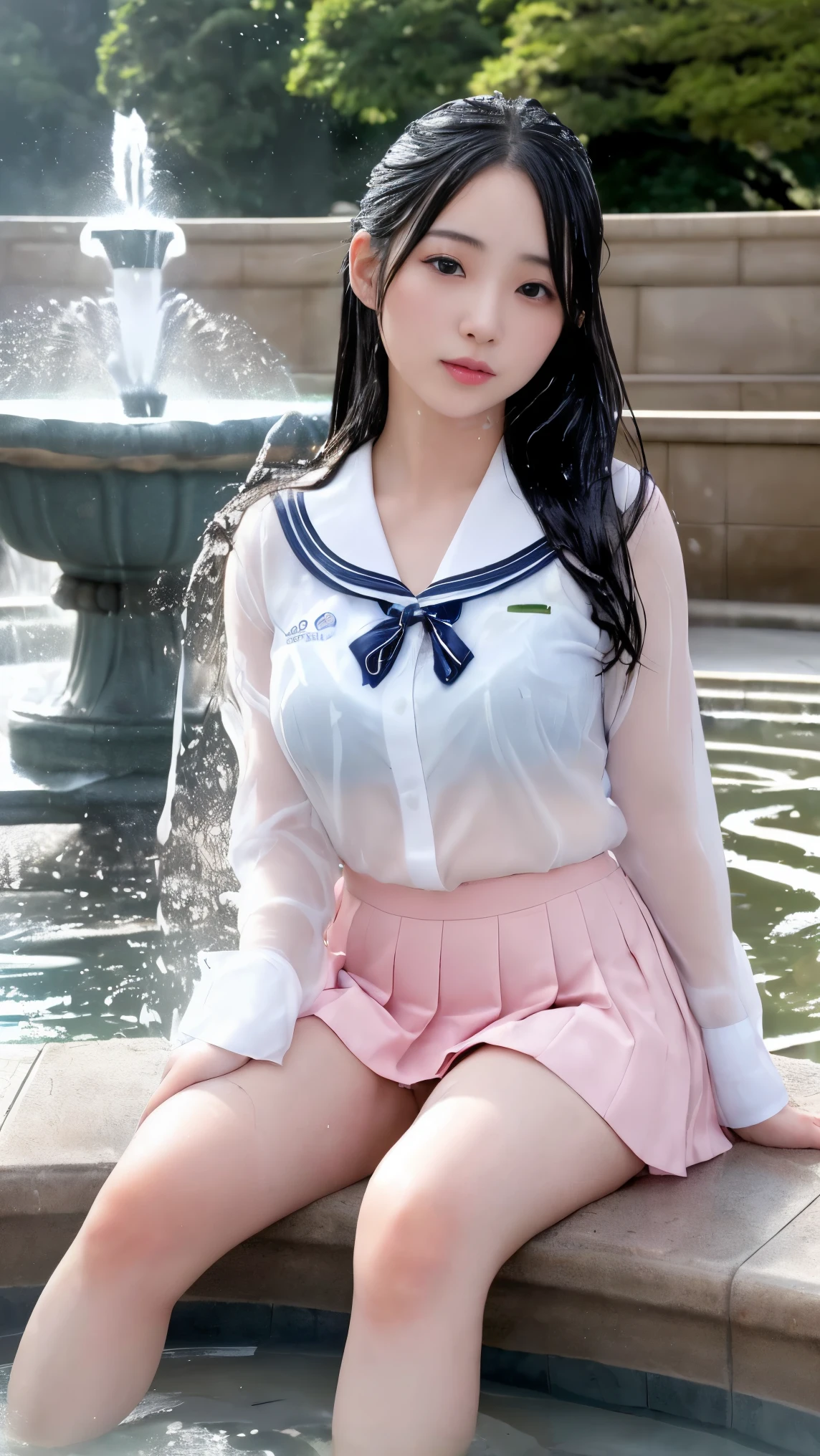 最high quality、high quality、best image quality、8k、最High resolution、High resolution、最high quality、masterpiece、RAW photo、whole body写真、Realistic human body in every detail、Realistic skin in every detail、Realistic face in every detail、Realistic eyes down to the details、Realistic lips in every detail、Realistic teeth in every detail、Realistic ears down to the last detail、Realistic hair down to the last detail、Realistic arms down to the last detail、Realistic reproduction of every detail、Realistic fingers in every detail、(fine hands、thumb1reference4)、Realistic feet in every detail、Realistic feet in every detail、Realistic breasts down to the last detail、((beautiful japanese girl))、(japanese model), (japanese woman)、((18 year old beautiful girl))、(black hair)、(straight hair)、(ponytail)、((whole body))、((beautiful upturned chest))、(Slim and slender、Stylish slim body shape)、(whole body光沢肌、Fair skin)、Detailed and realistic human body、detailed realistic skin、detailed realistic face、detailed realistic arms、detailed realistic fingers、Detailed realistic feet、detailed realistic breasts、soft natural light、sailor suit、sailor suit、blazer school uniform、Junior School、high school student、japanese school uniform、((It gets wet and see-through(クロップトップsailor suit、Mini Sailor Skirt))、((school fountain square))、((Great Fountain、Fountain with strong water gushing out))、((sit in front of the fountain(バックにGreat Fountainが見える))、((girl immersing her head in fountain water))、((A girl drenched from head to toe))