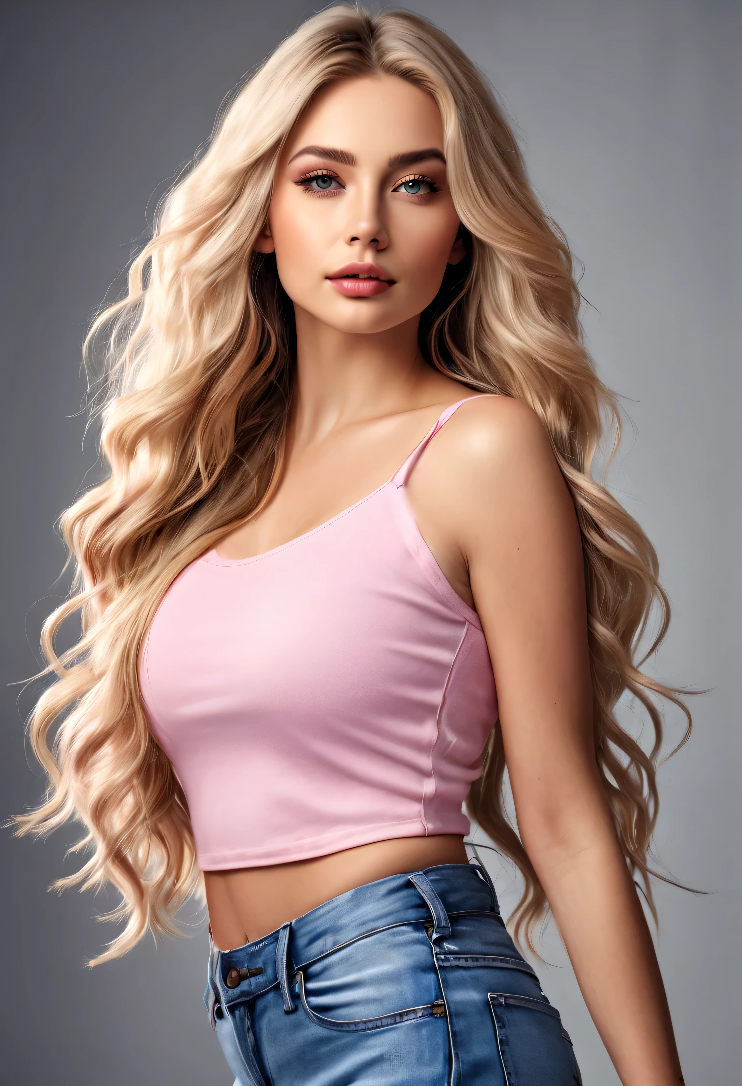 Uma mulher atraente com longo, Cabelo loiro ondulado, jovem, cabelos semiamarrados, curved, cropped rosa, jeans, absurdo hiper realista, Foto CRU, UltraHD 8K, alta qualidade, film grain, (pele altamente detalhada:1.2)