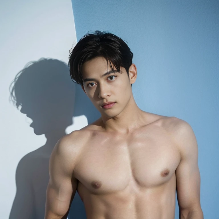((Realistic lighting, Best quality, 8K, Masterpiece: 1.3)), Focus: 1.2, wear black suit , stubble on his upper lip, one man, tall, handome, fair skin, one-eyed look hairstyle , passport photo, 1man, blue background , puffy nipples , big hips , nsfw , eroticism , sexy , bare chest , 16k resolution , ultra-high clarity , hyperrealism, uhd