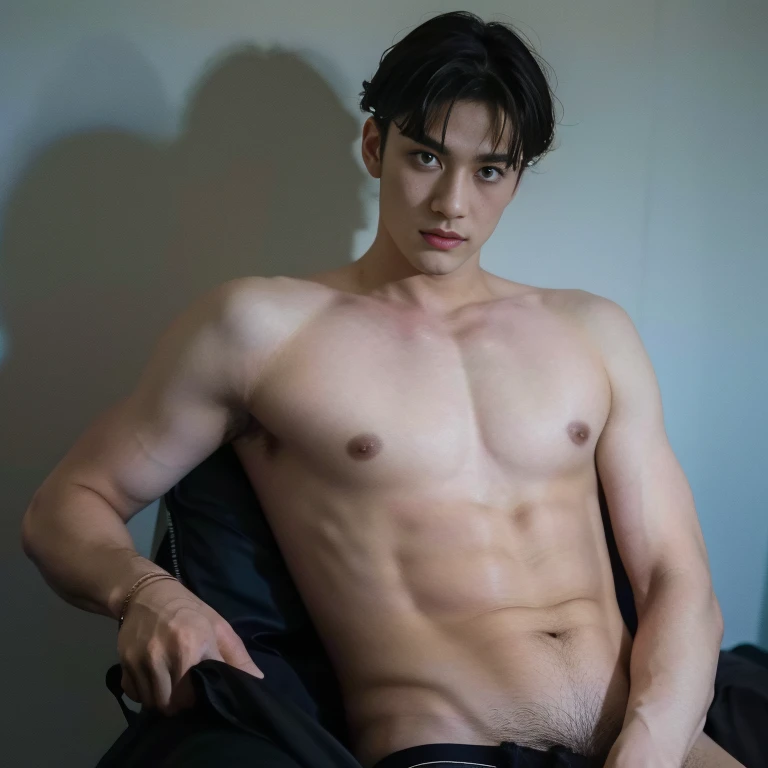 ((Realistic lighting, Best quality, 8K, Masterpiece: 1.3)), Focus: 1.2, wear black suit , stubble on his upper lip, one man, tall, handome, fair skin, one-eyed look hairstyle , passport photo, 1man, blue background , puffy nipples , big hips , nsfw , eroticism , sexy , bare chest , 16k resolution , ultra-high clarity , hyperrealism, uhd