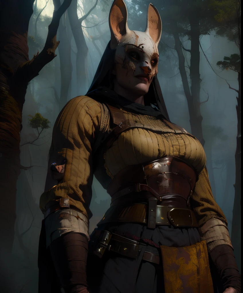 tHuntress,yellow eyes,lip scar,mask with ears,black cowl,lips,
shirt,pants,pelvic curtain,belt,waistband,
standing,upper body,from below,muscular,
woods,night,dry trees,horror \(theme\),
(insanely detailed, beautiful detailed face, masterpiece, best quality)solo,