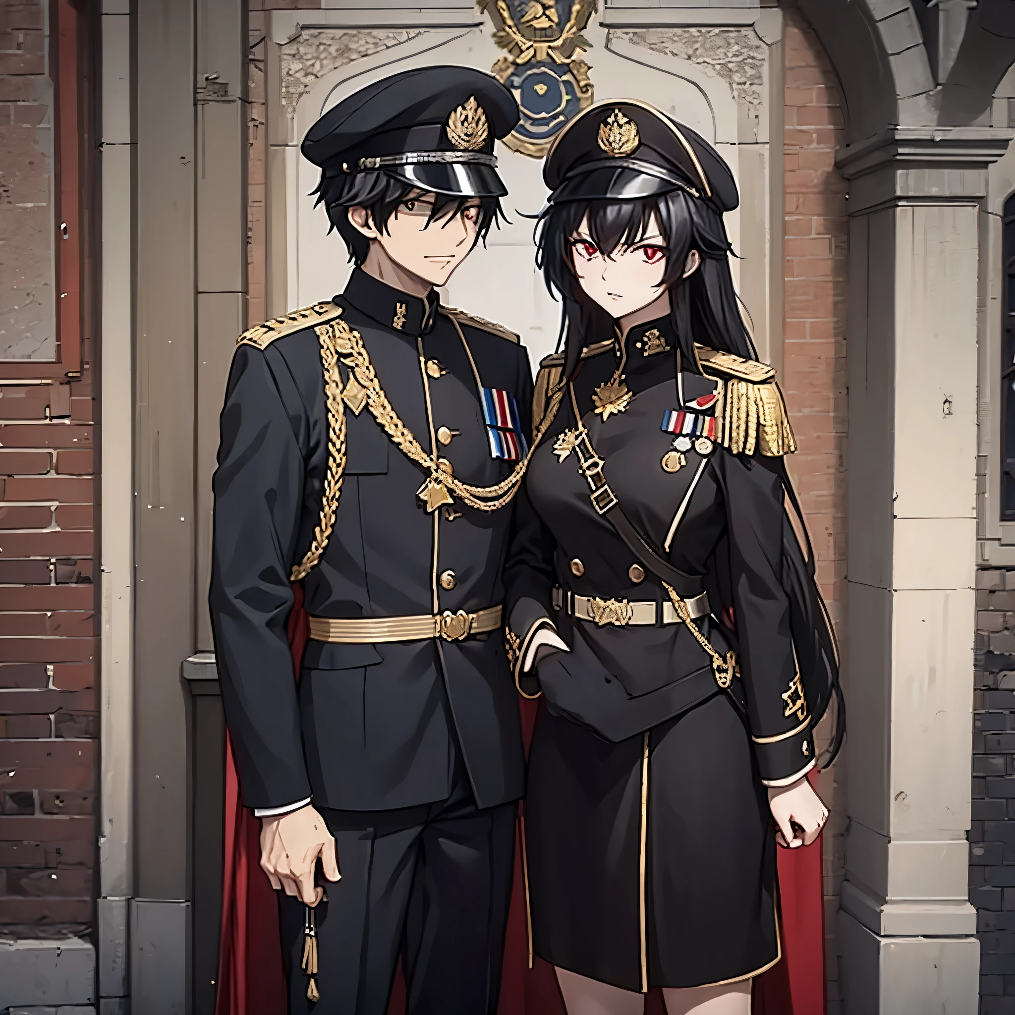 A man together with a woman (red eye) in black Prussian military uniform with gold details, outside a military base.

