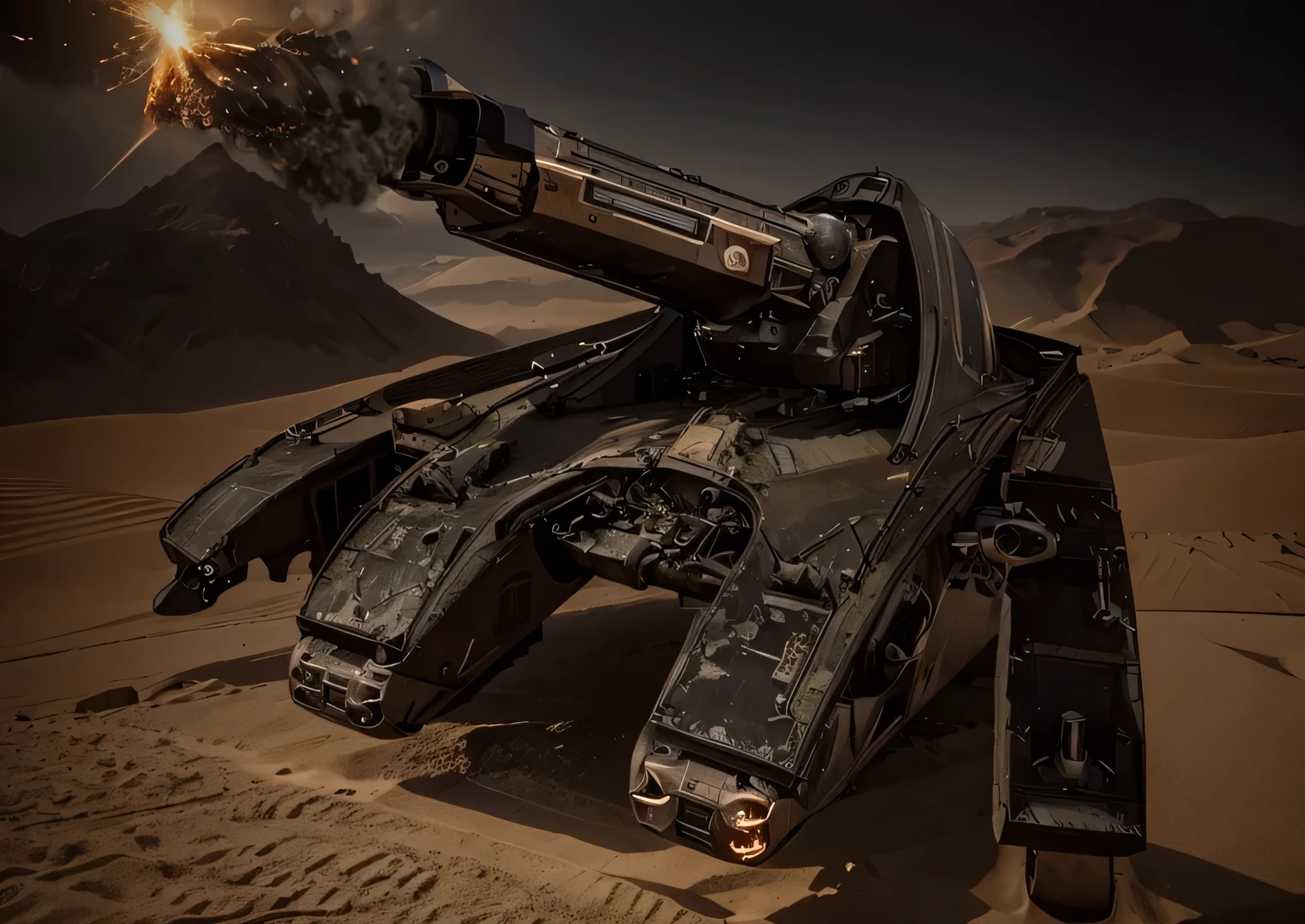 Ultra advanced robotic heavy artillery black tank with red details, it is over the desert, it is firing a laser beam, black and red metal, it has sensors, large cannon, it is in post apocalyptic desert, there are large green mineral crystals on the ground, sunny day, top view, 4k, ultra detailed image, realistic, very detailed, perfect composition, splendid, intricately detailed, incredibly detailed, art photography 8k, hyper detailed, Masterpiece, ultra detailed, hyper realistic, 4k, ultra detailed image , realistic, highly detailed, perfect composition, splendid, intricately detailed, incredibly detailed, Artistic photography in 8k, hyper detailed