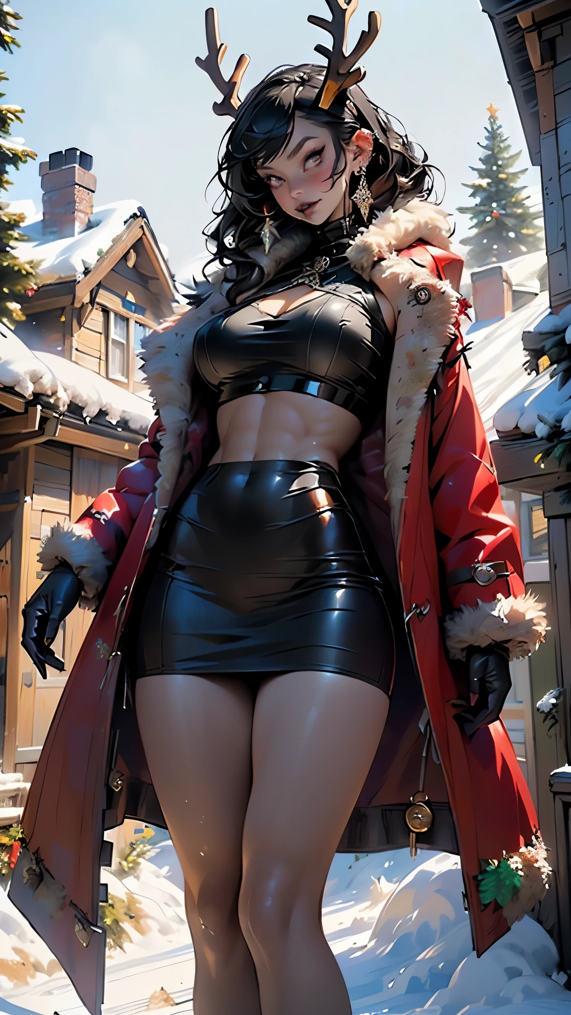 gothic reindeer girl,(((1girl))),((extremely cute and beautiful black hair anime gothic reindeer girl)),

(((anthro furry:1.2), Playboy_Reindeer, reindeer_antlers,(huge antlers:1.5,dear antlers:1.5,blooming antlers:1.5))),(large breasts:1.4),saggy breasts,((((black hair:1.4,hi-top fade Haircut:1.5,hi-top fade:1.5,Mohawk:1.5,ear breathing)))),(((red_eyes:1.3))),intricate eyes,beautiful detailed eyes,symmetrical eyes,big eyes:1.5,(((lustrous skin:1.5,bright skin: 1.5,skin tanned,shiny skin,very shiny skin,shiny body,plastic glitter skin,exaggerated shiny skin,illuminated skin))),(spider lower abdomen,narrow waist,wide hip,athletic body,inflated legs,thick thighs,detailed body,(detailed face)),((muscle legs,muscular thighs,muscular girl,strong and muscular,muscular,feminine and muscular,huge stature,tall stature,very tall girl,(ABS:1.5))),

cute,slutty,seductive,erotic,(((nsfw))),

zettai ryouiki,revealing clothing,show skin,(((Sexy goth fur coat, goth fur coat outfit, wearing a goth fur coat:1.3,dark red winter coat,navel:1.5))),((red goth mini-skirt,red goth mini skirt with furry edge,visible thong straps, navel)),((underpants strap)),(red gothic clothes,semi-naked,with little goth clothing),((((Black Eyeshadow,Thick Black Eyeliner,Long Dramatic Eyelashes,Black Lips))),(((intricate outfit,intricate clothes,embroidered outfit,ornate outfit))),

(dynamic pose:1.0),embarrassed,(centered,scale to fit dimensions,Rule of thirds),

(((winter town decked out in festive decorationajestic Christmas tree))),(((sparkling lights over the village))),(((star-topped tree))),(((festive village square))),(((snow))),(((snow-covered scene))),(((winter wonderland))),(((snowflakes))),(((cottages and houses))),(((scenery))),

(Glossy winter ornaments),highres,sharp focus,(ultra detailed,extremely detailed),(photorealistic artwork:1.37),(extremely detailed CG unity 8k wallpaper),(((vibrant colors,vibrant theme))),(intricate),(masterpiece),(best quality),artistic photography,(photog